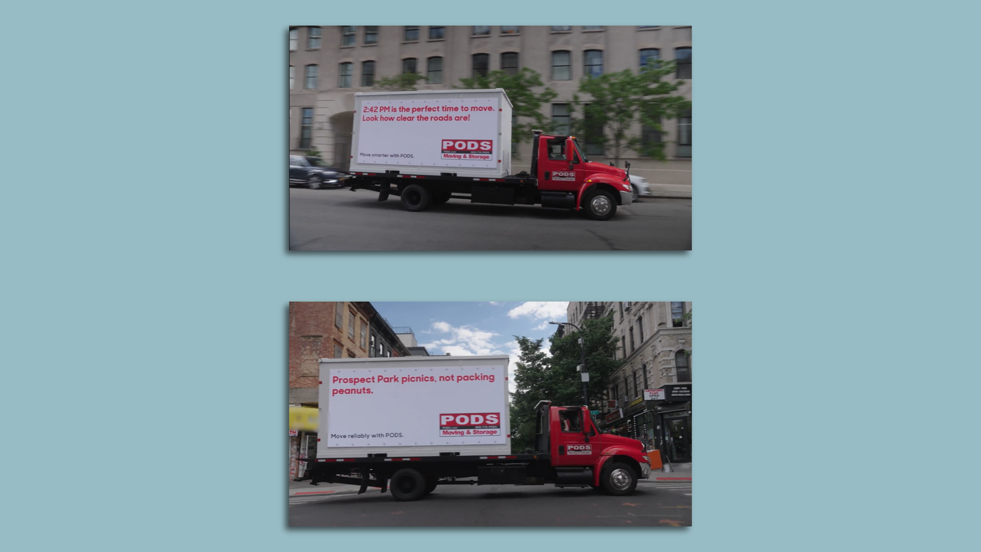 Two images of Pods trucks with digital billboards
