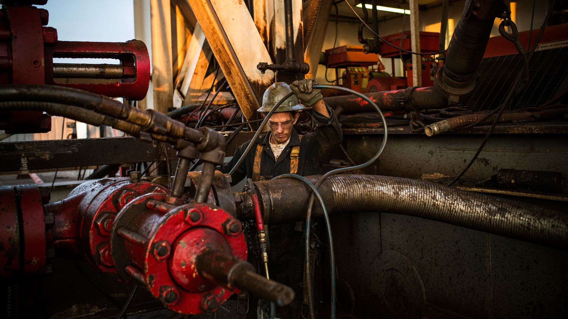 works on an oil rig drilling into the Bakken shale formation