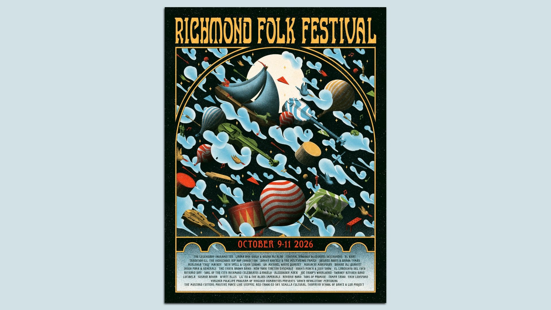 Poster for the "Richmond Folk Festival": black background with a gold border and arch, busy scene of colorful balloons, ships, and musical notes, date "October 9–11, 2026" at the bottom.