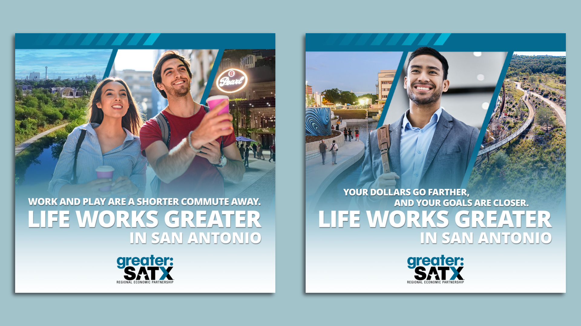 Two images show people enjoying life in San Antonio, with background images of Pearl and the Tobin Land Bridge.