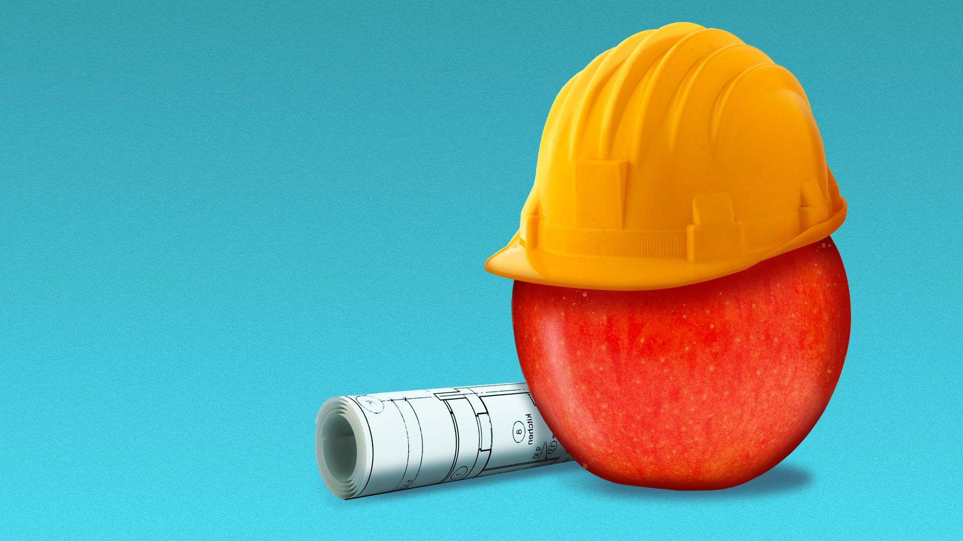 Illustration of an apple wearing a hardhat with construction plans