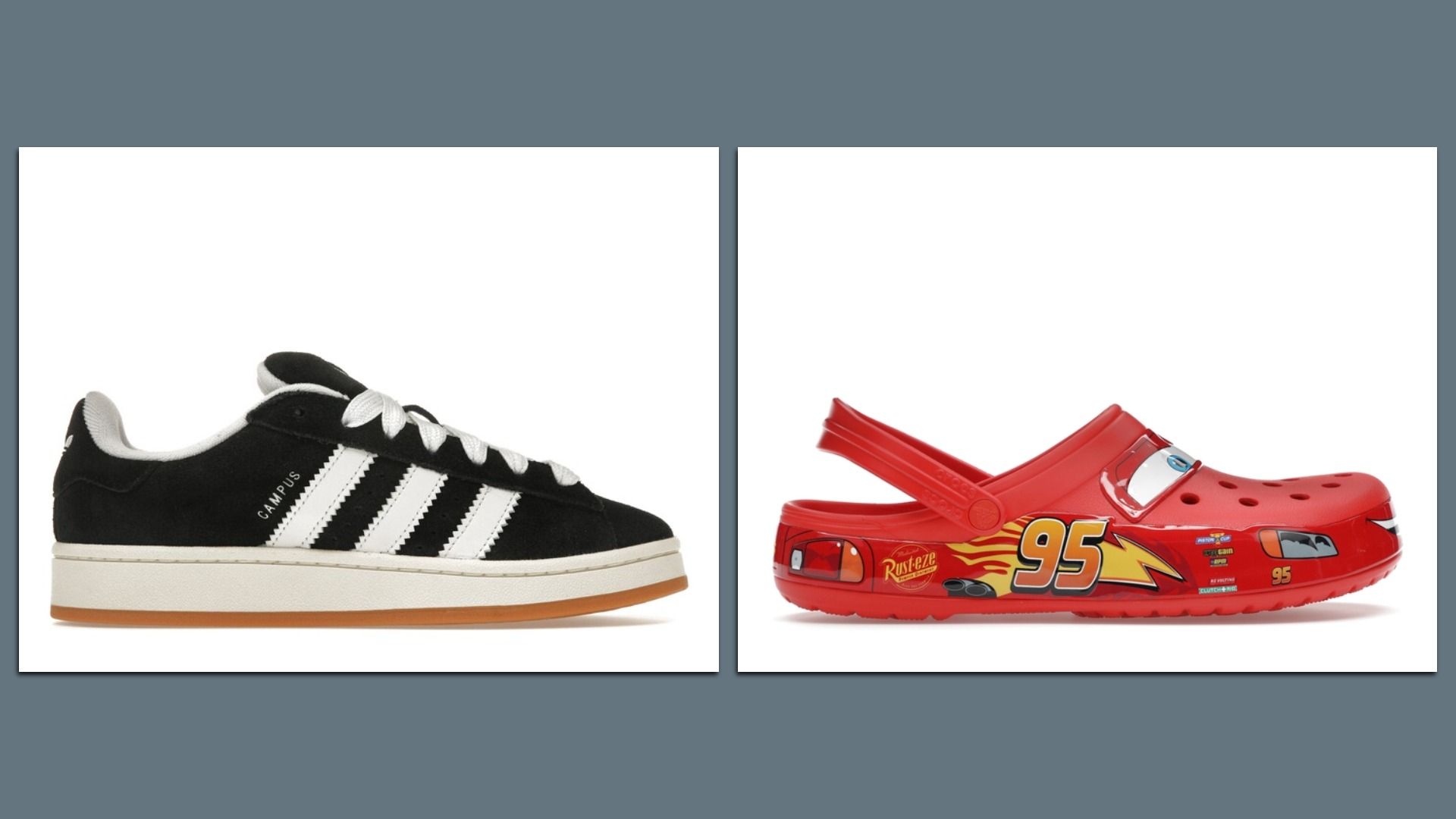 The adidas Campus 00s, left, the Crocs Classic Clog Lightning McQueen are favored by counterfeiters, StockX says. 