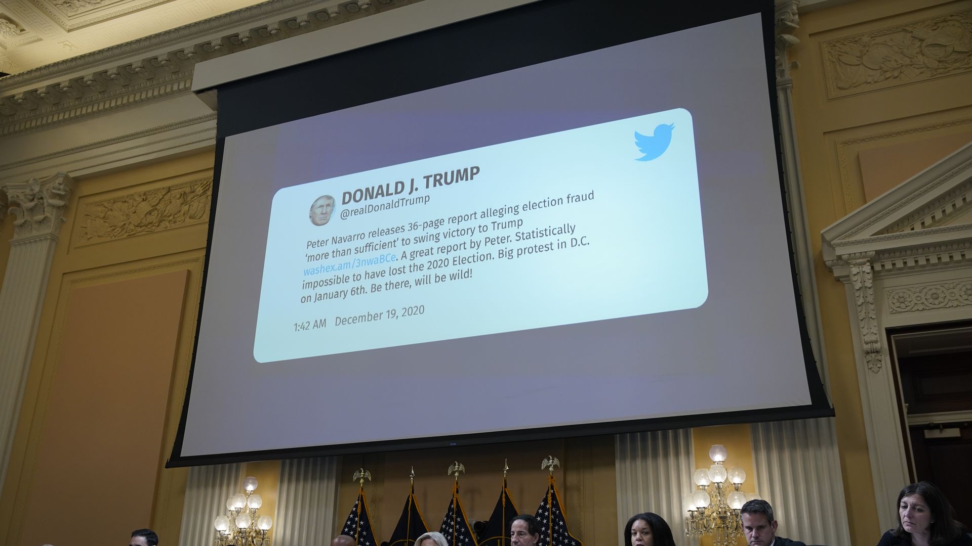 A tweet by former President Donald Trump displayed on a screen during a hearing of the Select Committee to Investigate the January 6th Attack on the US Capitol.