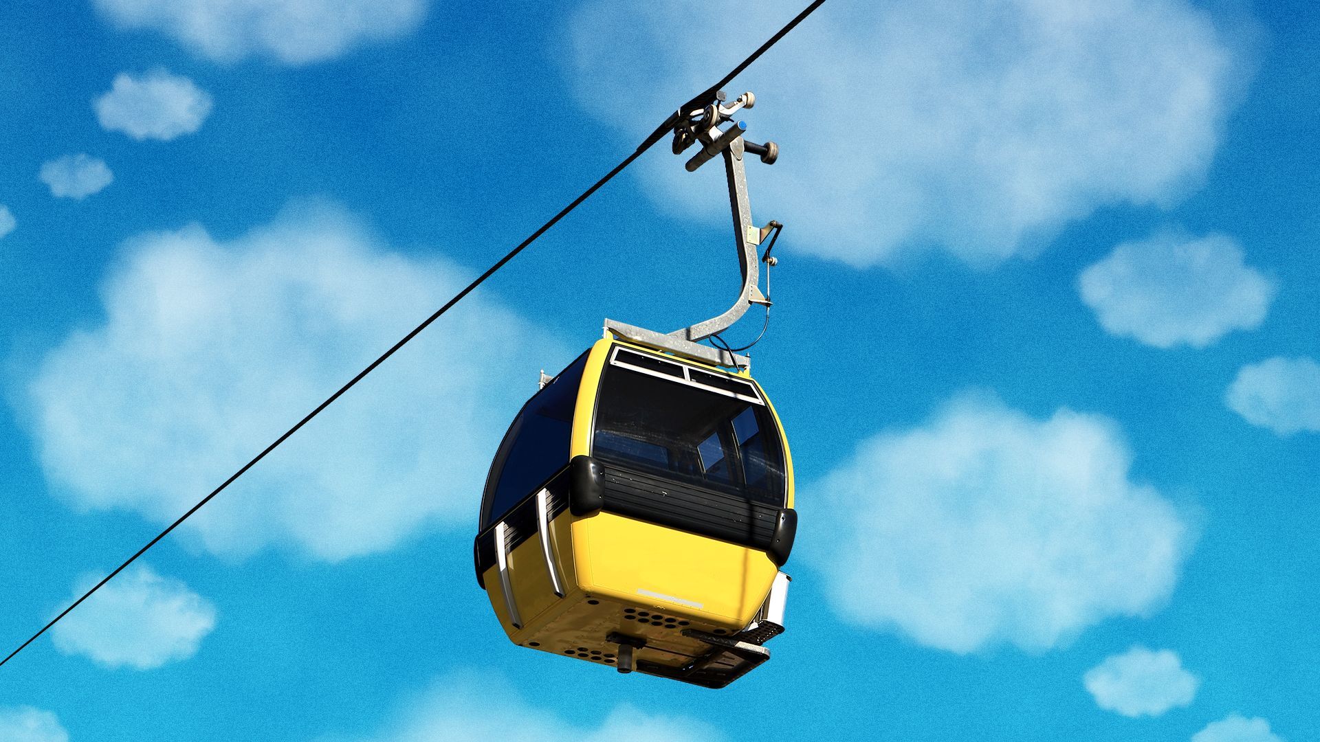 an illustration of a gondola on a cable surrounded by thought bubble shaped clouds