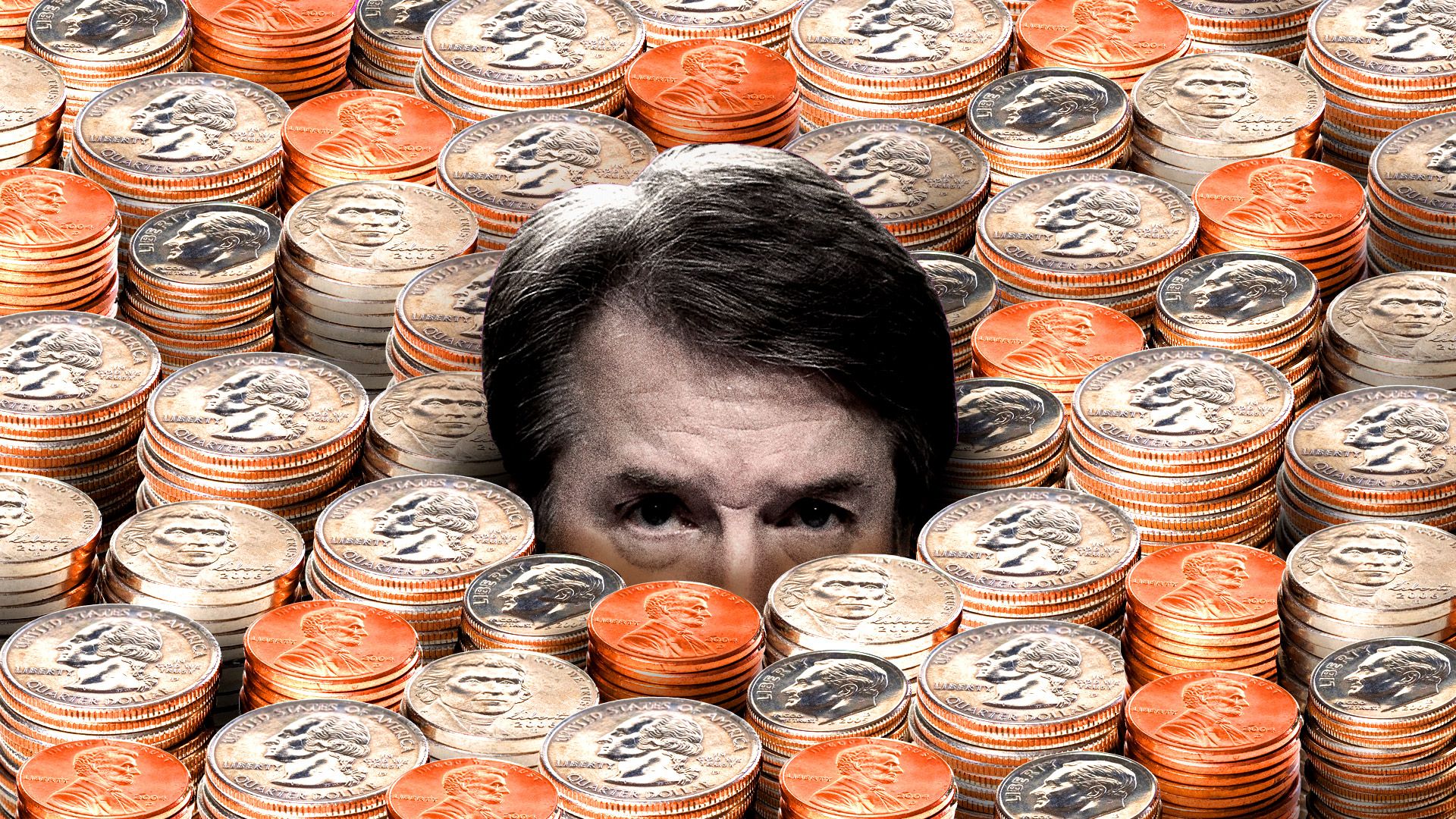 Brett Kavanaugh submerged in coins