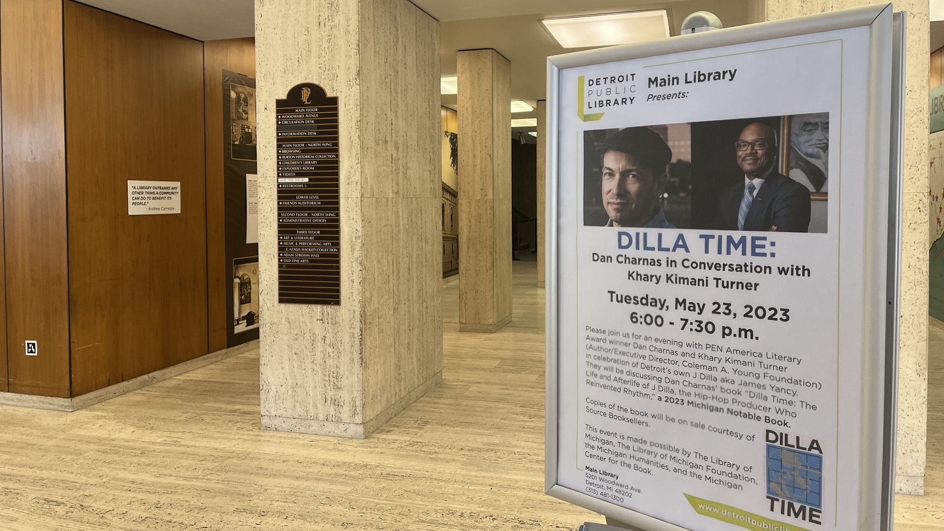 Signage for May 23, 2023 Detroit Public Library event with "Dilla Time" author Dan Charnas.