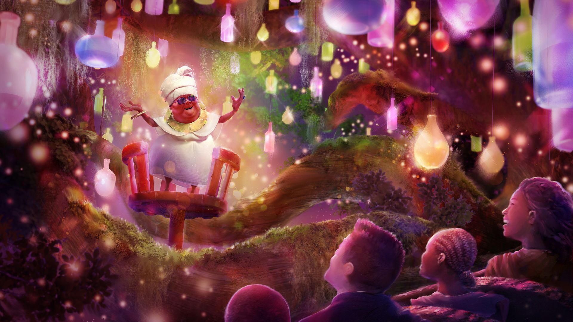Image is a rendering from Disney that shows what the new Princess Tiana ride could look like. Mama Odie is in a tree surrounded by lanterns while people in a log flume turn to look at her.