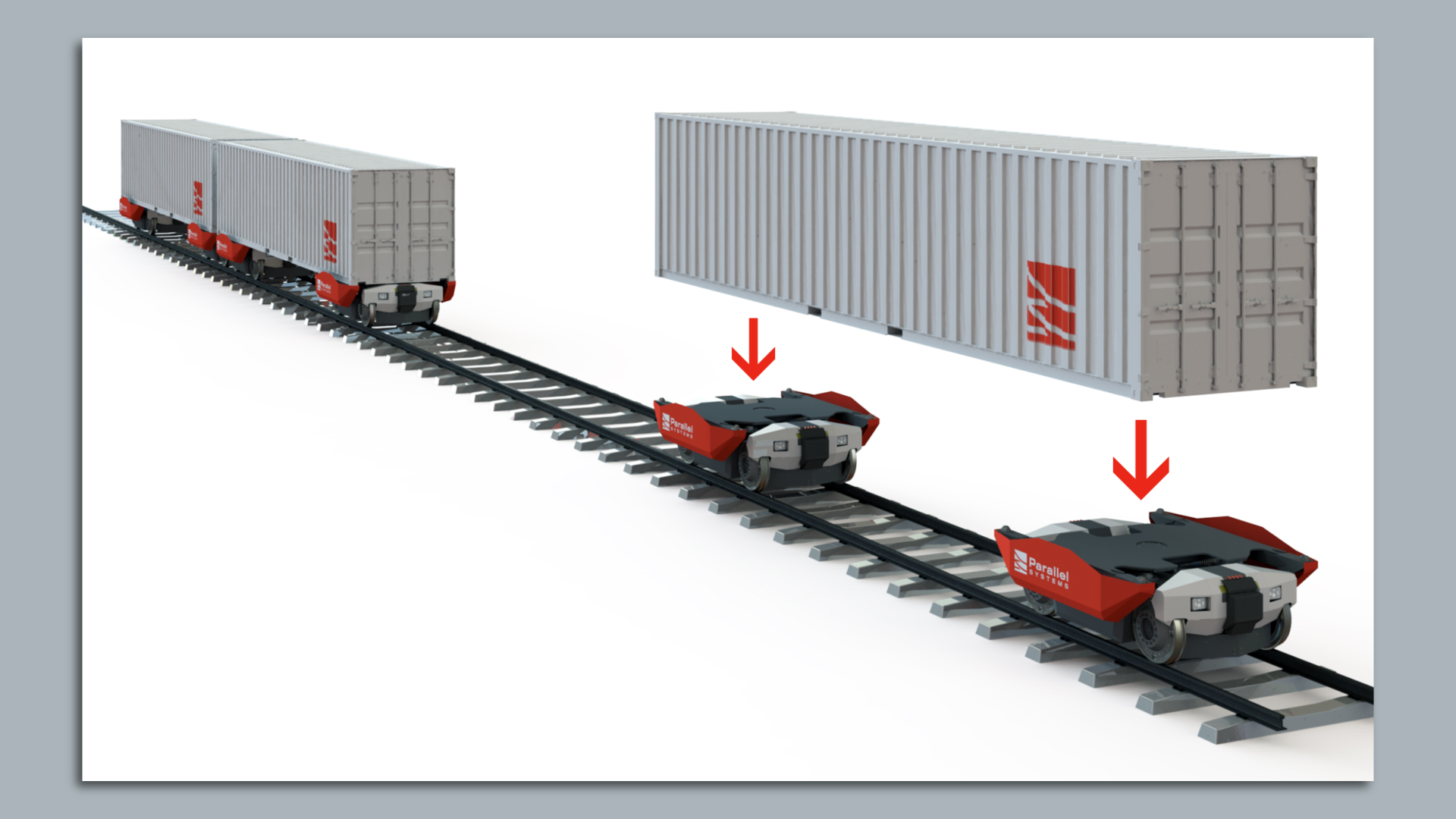 Illustration of cargo containers being loaded onto a pair of autonomous rail cars. 