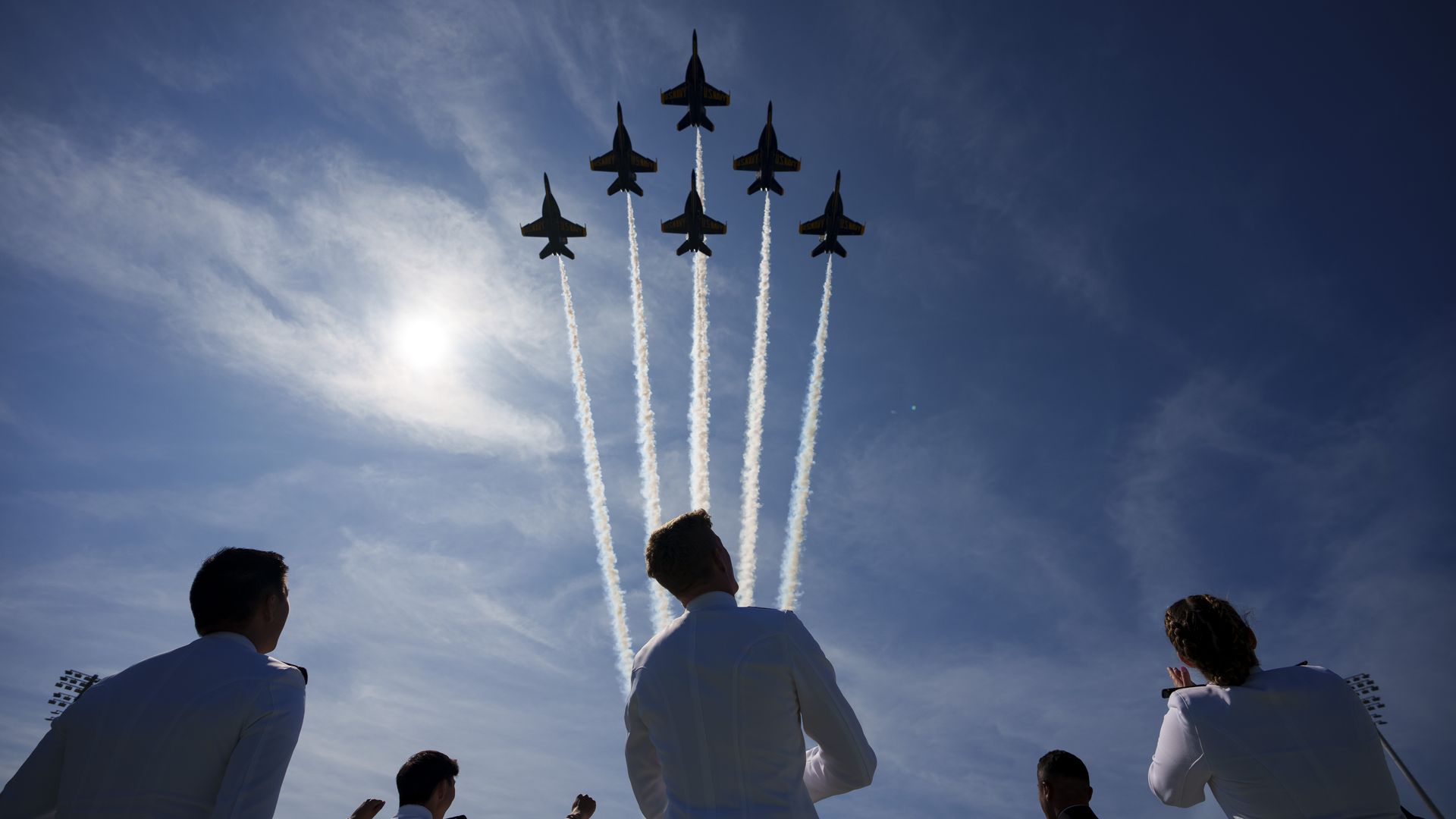  The U.S. Navy Blue Angels fly over graduation ceremonies at the U.S. Naval Academy May 26, 2017 in Annapolis, Maryland.