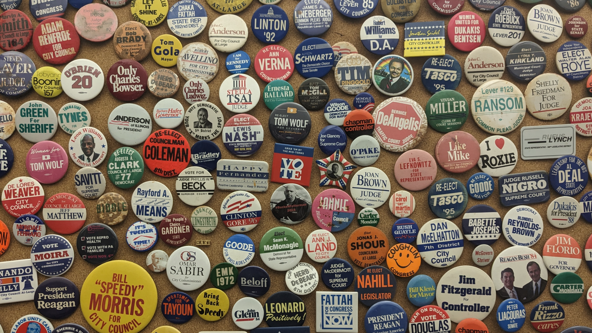Campaign pins inside the city's Board of Elections Office in City Hall 
