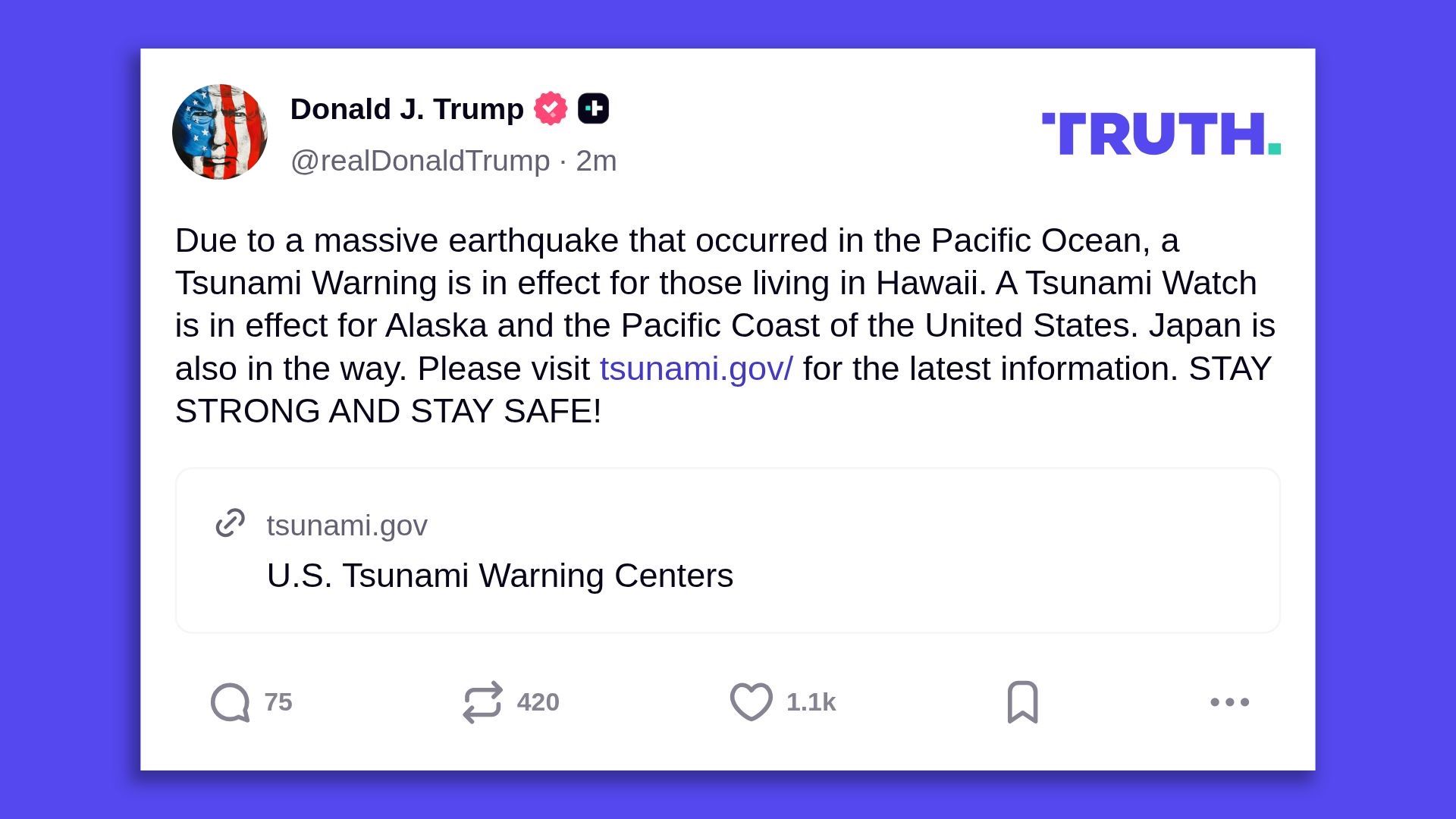 Social media post by Donald J. Trump on TRUTH platform about a massive Pacific Ocean earthquake causing tsunami warnings for Hawaii and watches for Alaska, US Pacific Coast, and Japan, urging safety.