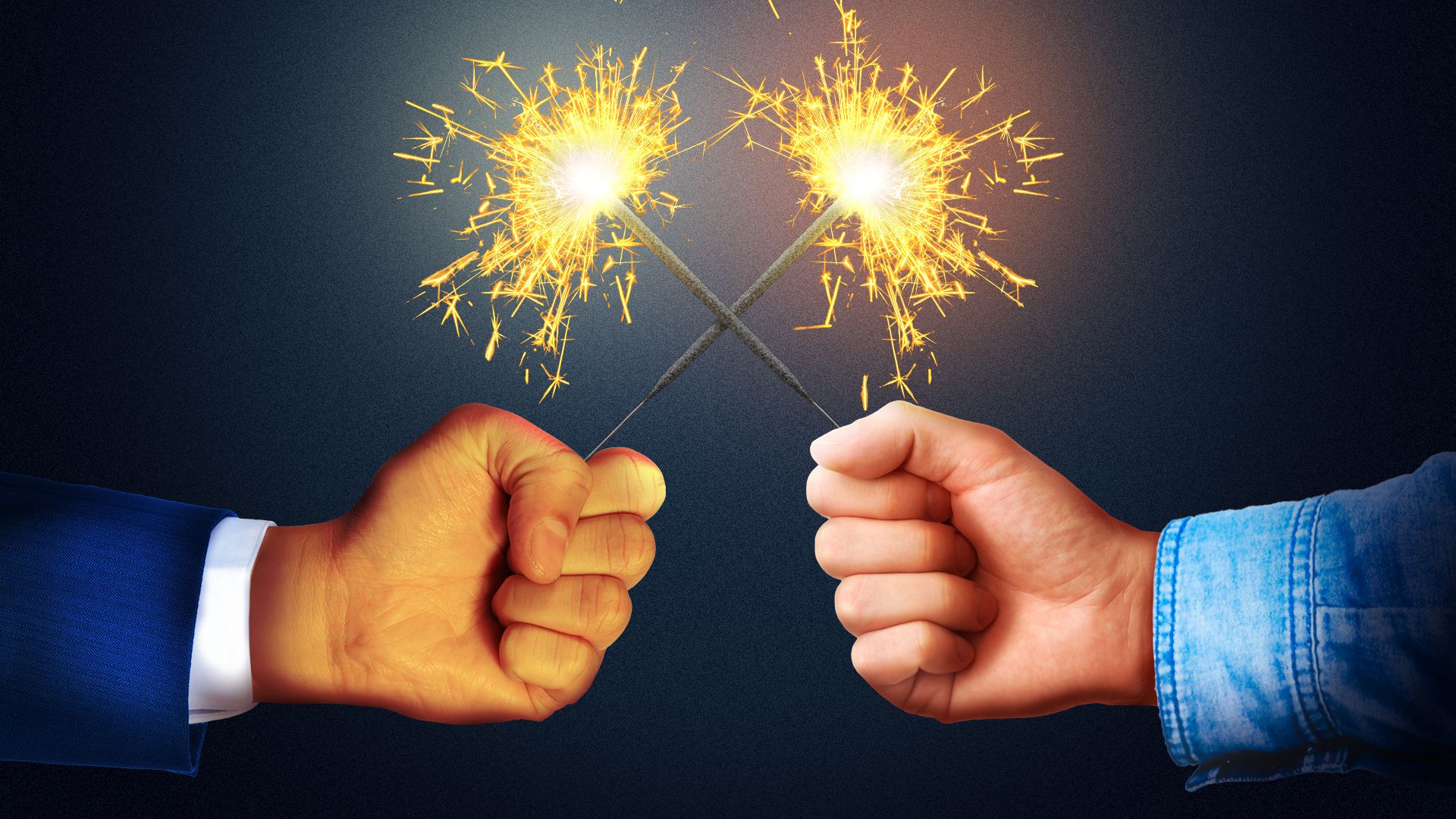 Illustration of a Trump-like hand crossing a sparkler with another hand