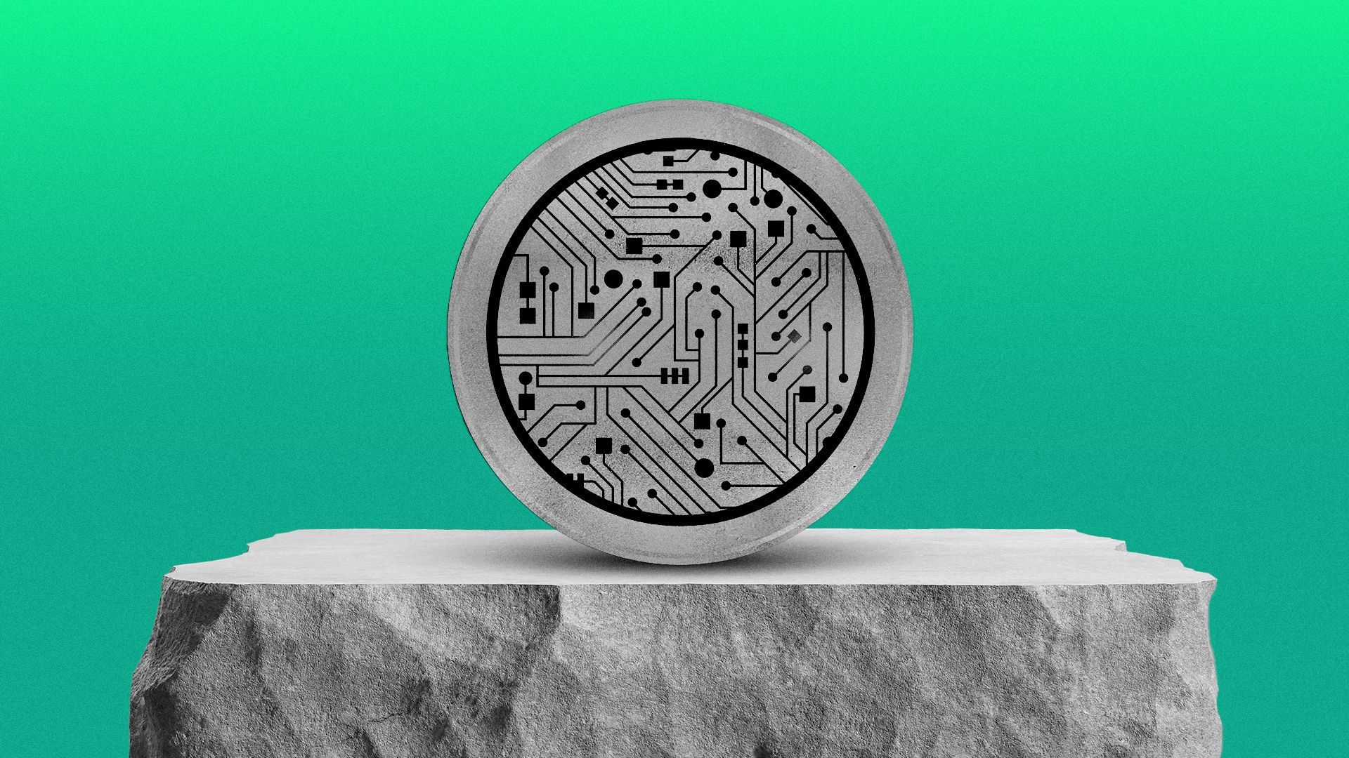 Illustration of a concrete pedestal with a concrete digital coin on top.