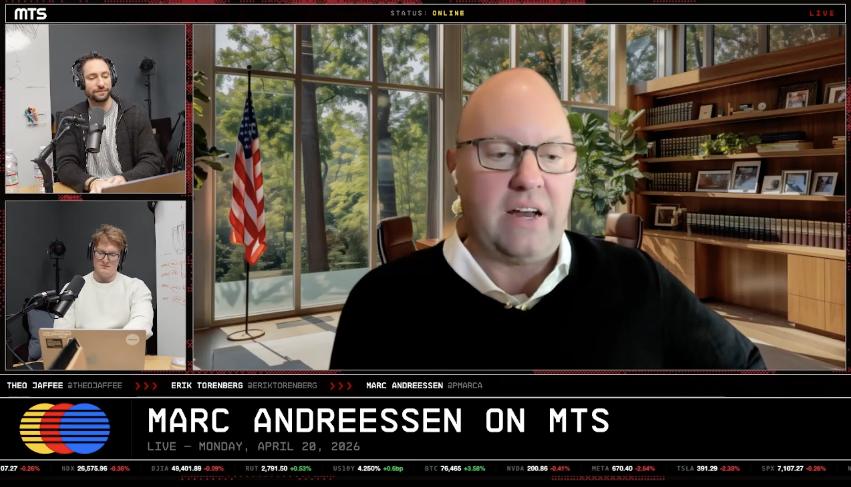 Triple-pane broadcast: main speaker (bald, glasses) in front of a windowed office with an American flag and plants; left panels show two other hosts at microphones in studios with laptops.