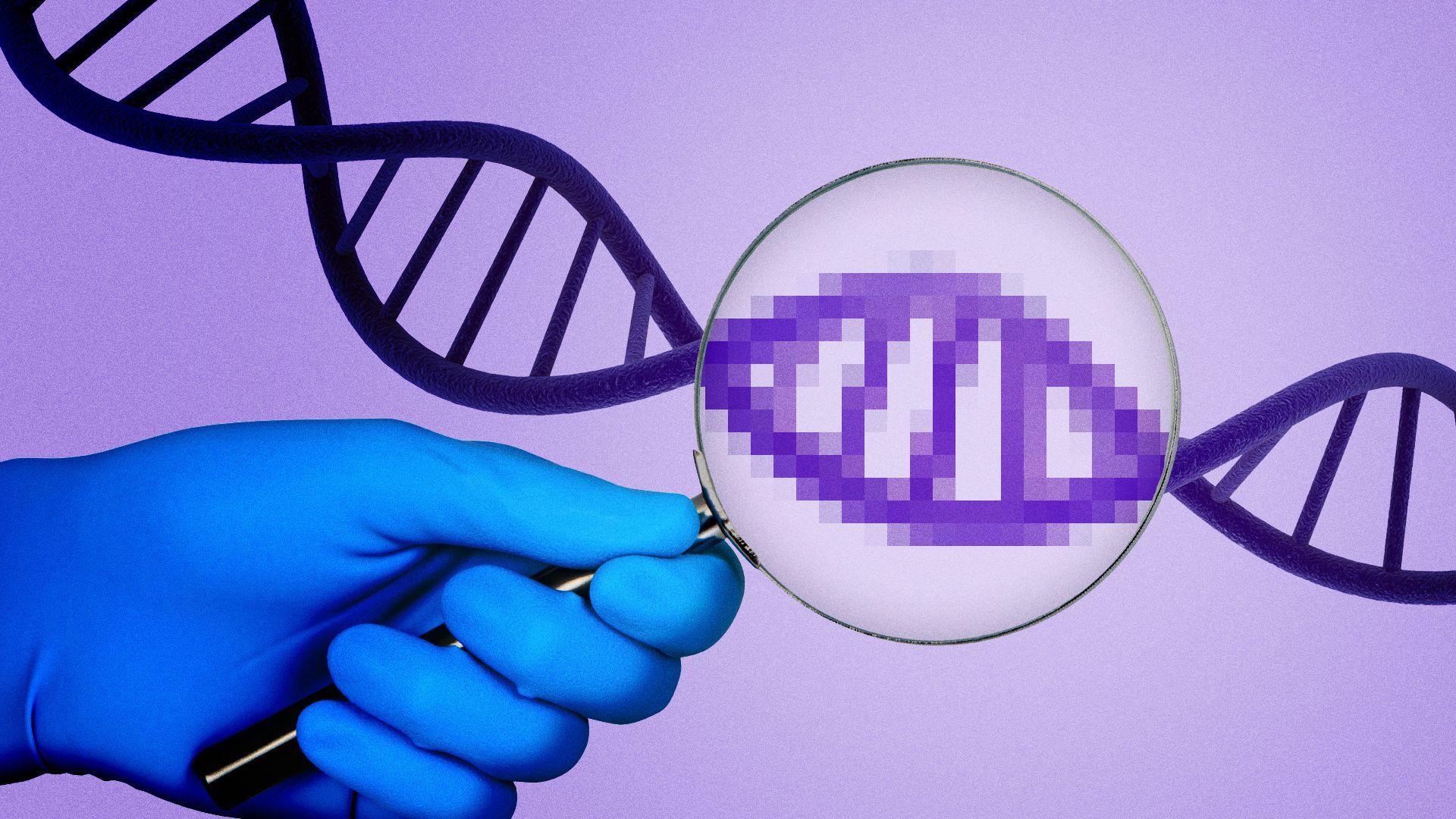 Illustration of a magnifying glass showing the pixelated piece of a double helix.