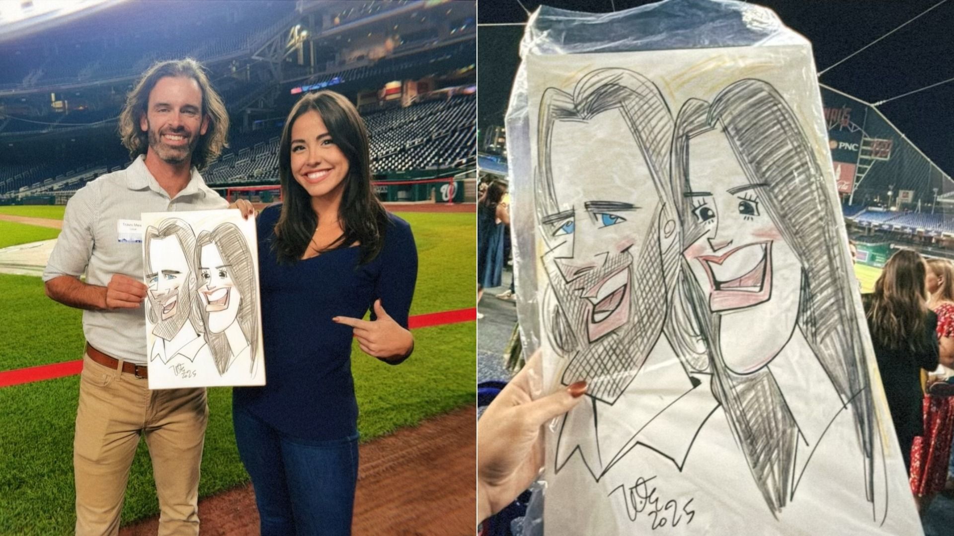 A man and woman stand on a baseball field holding a caricature drawing of themselves with exaggerated facial features and big smiles, the background shows stadium seats at night.