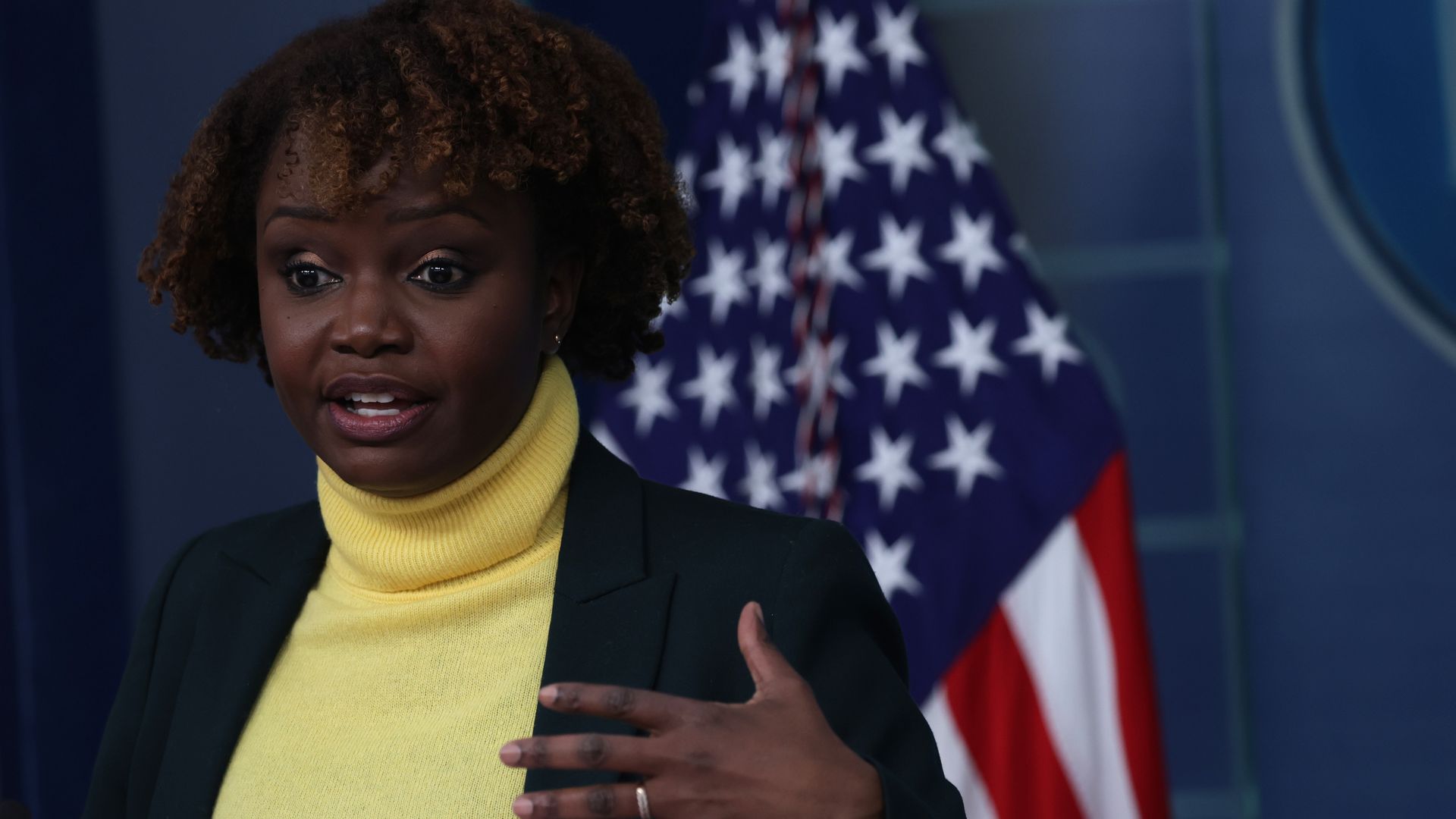 White House Principal Deputy Press Secretary Karine Jean-Pierre conducts a daily press briefing at the James S. Brady Press Briefing Room of the White House on February 14, 2022 in Washington, DC. 