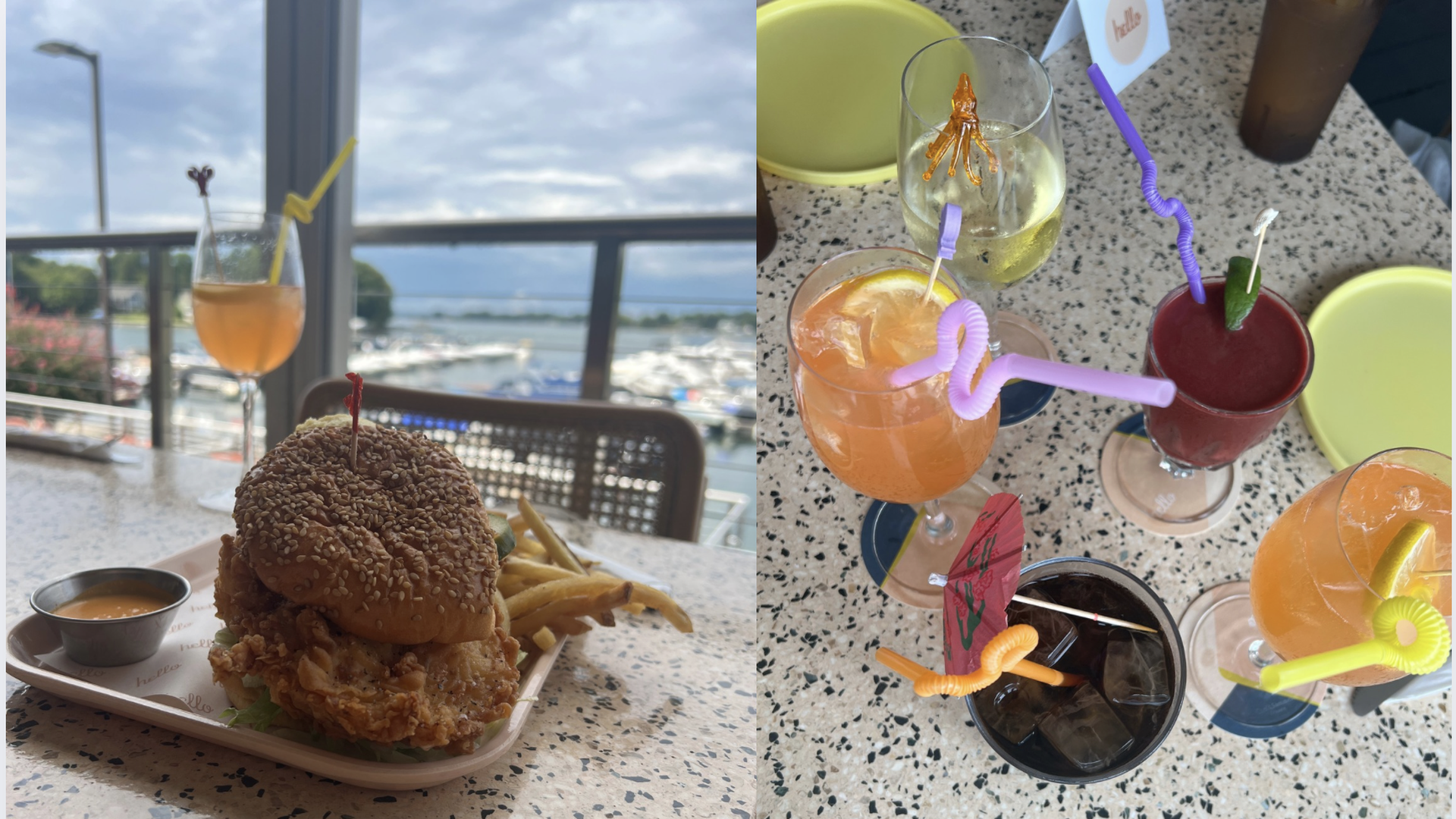 Two images: left, fried chicken sandwich with fries and sauce by a window overlooking a marina; right, table with five colorful drinks, some with straws, umbrellas, and garnishes.