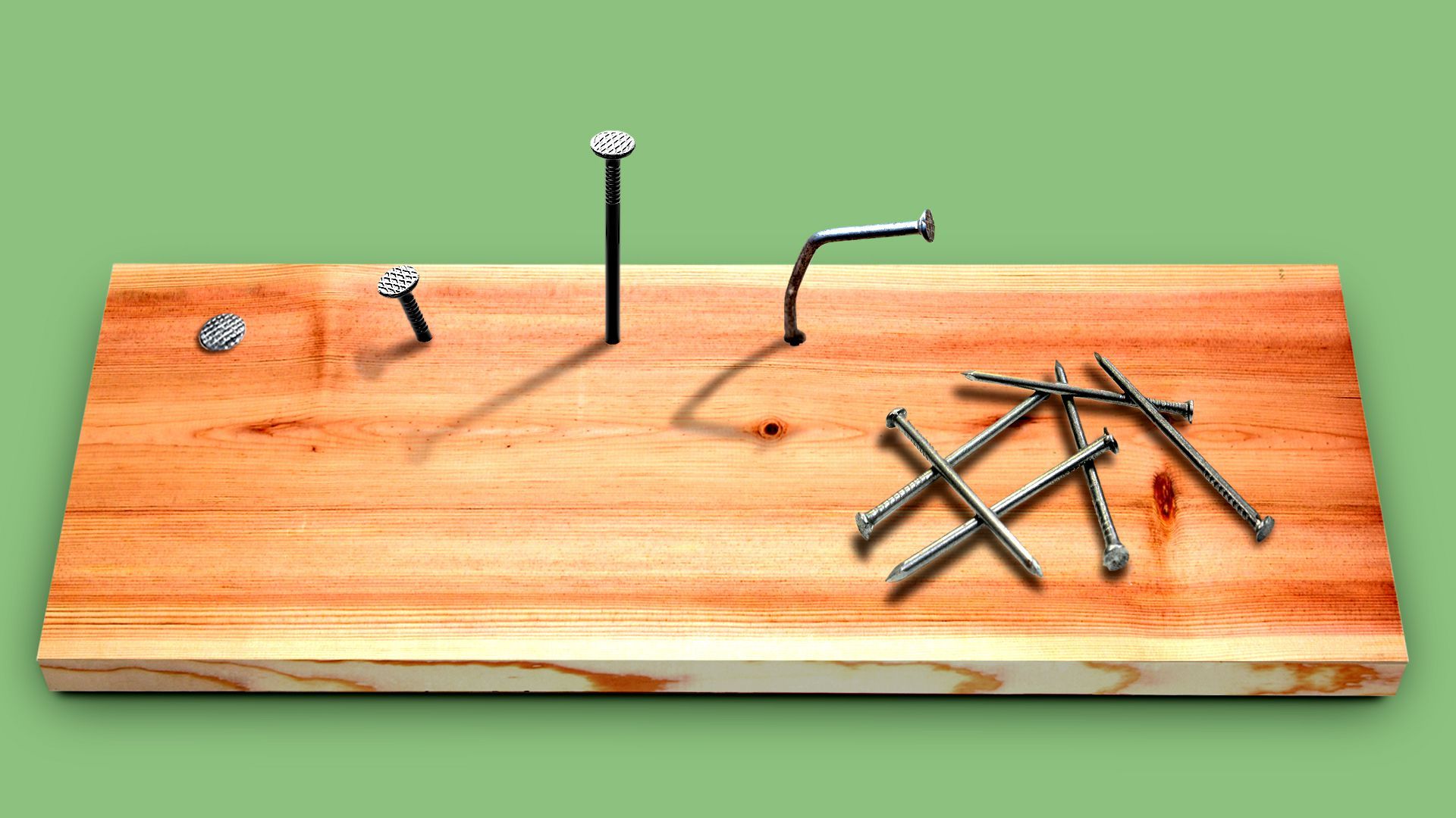 Illustration of nails and a wooden plank, with some nails hammered fully in and other nails laying down unused
