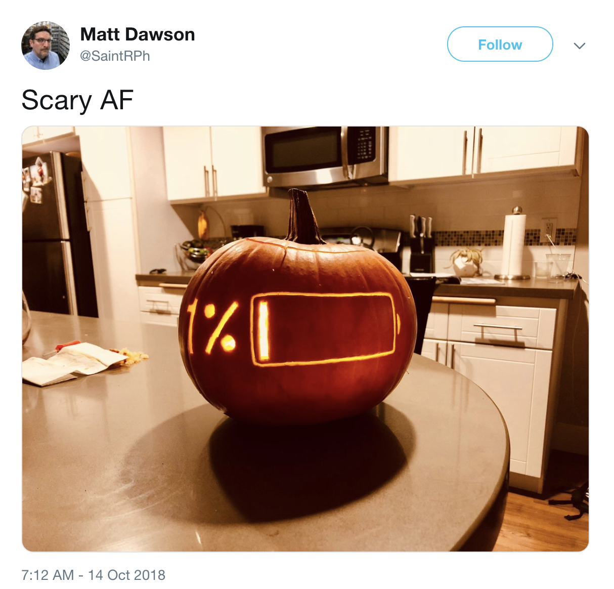 A pumpkin carved with a battery icon showing 1% remaining