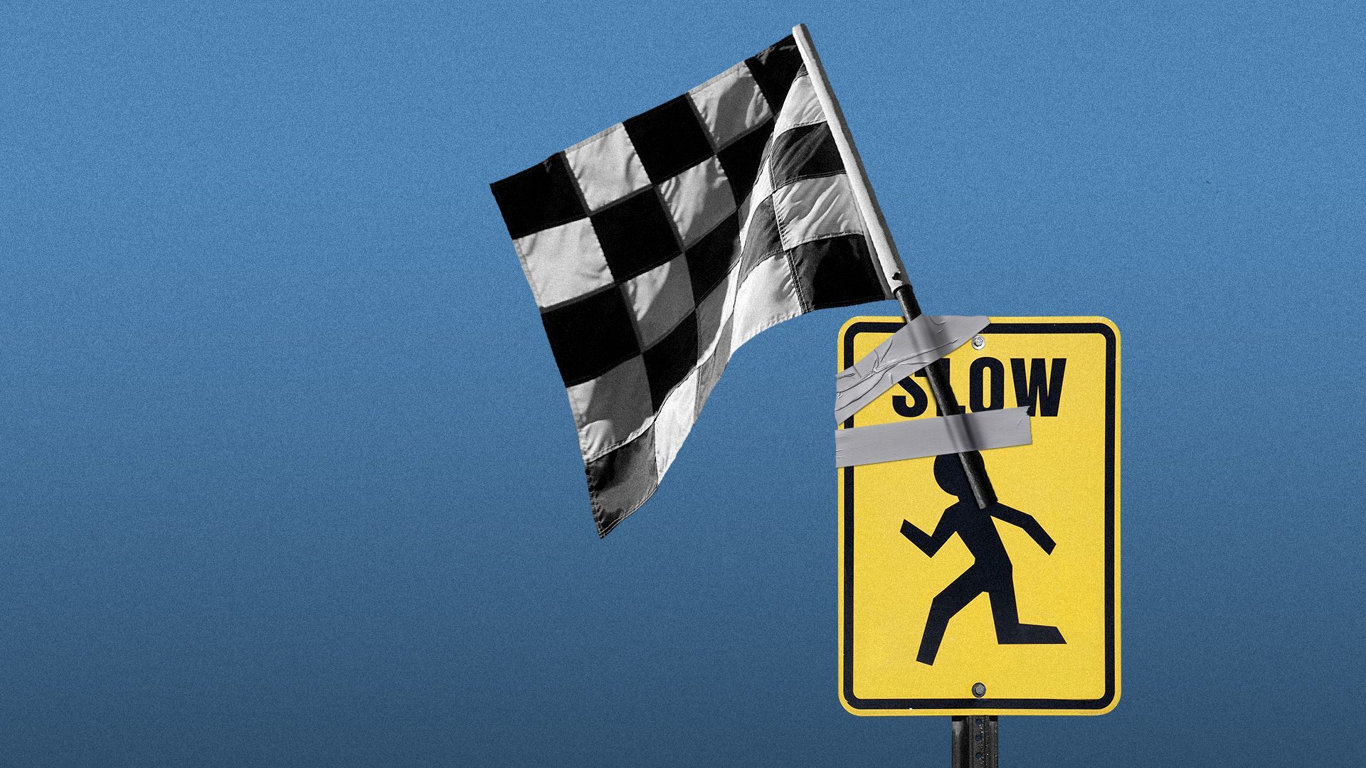 Illustration of a checkered flag taped to a "SLOW" street sign.