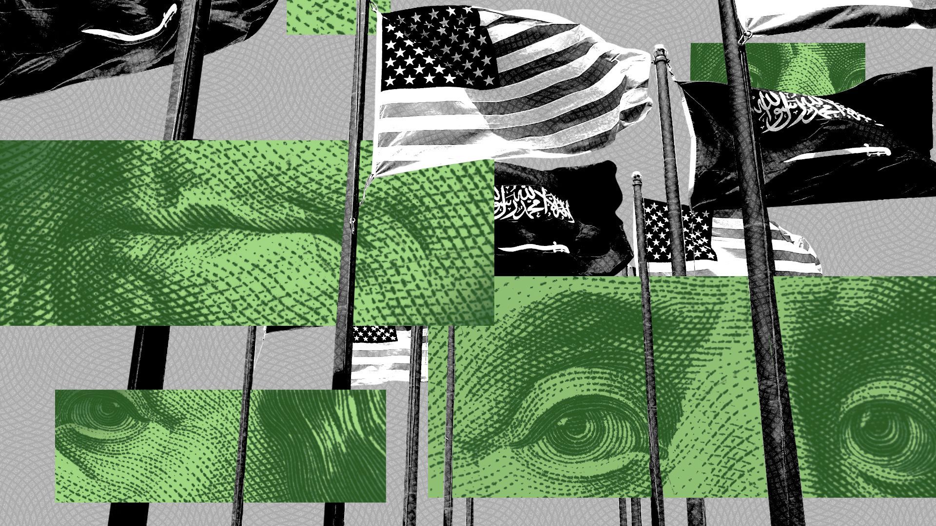 Illustrated collage of Saudi and American flags with pieces of a hundred dollar bill cut up and weaved in and out of the flag poles. 