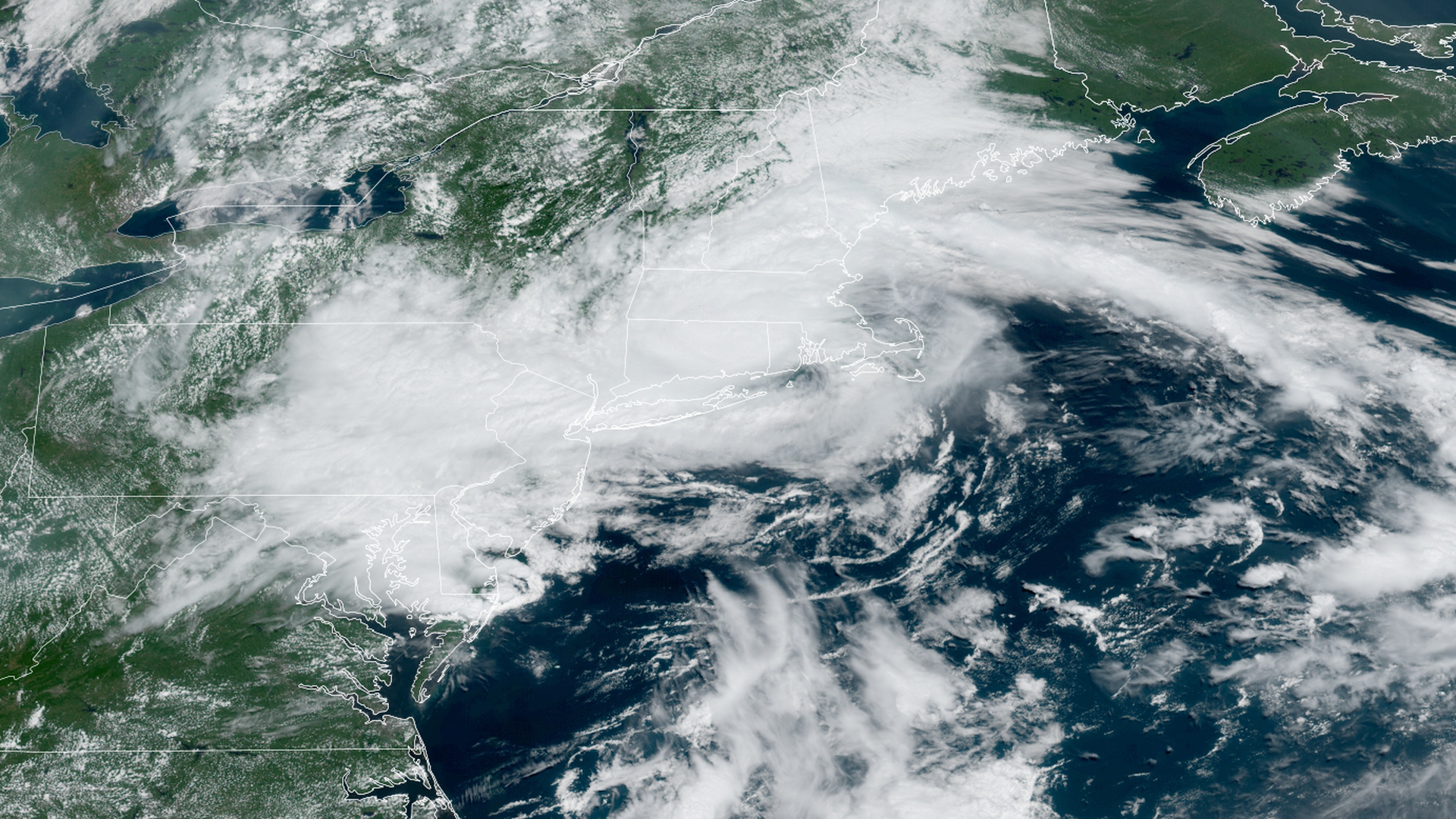 Satellite image shows Henri making landfall in Rhode Island.