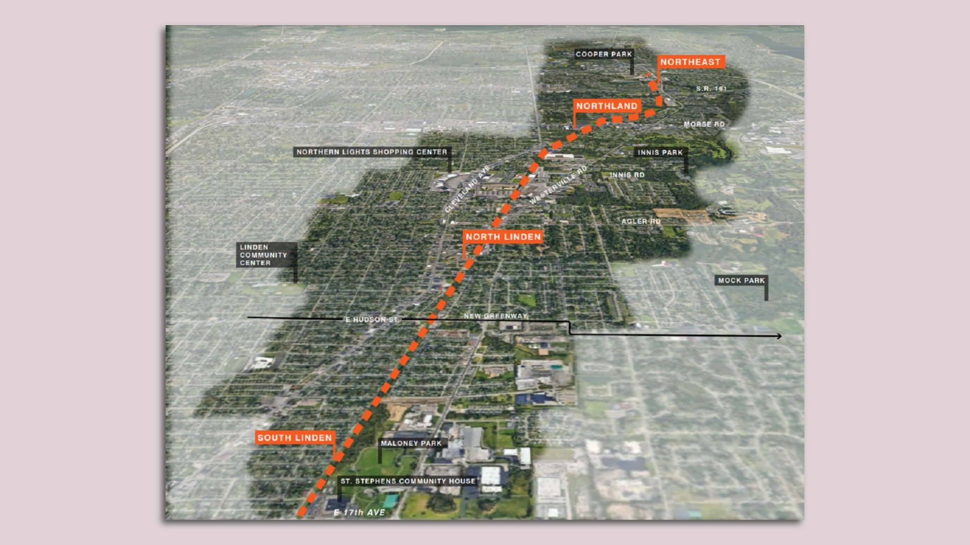 A map rendering of a planned Linden Green Line park stretching through parts of Columbus, Ohio. 