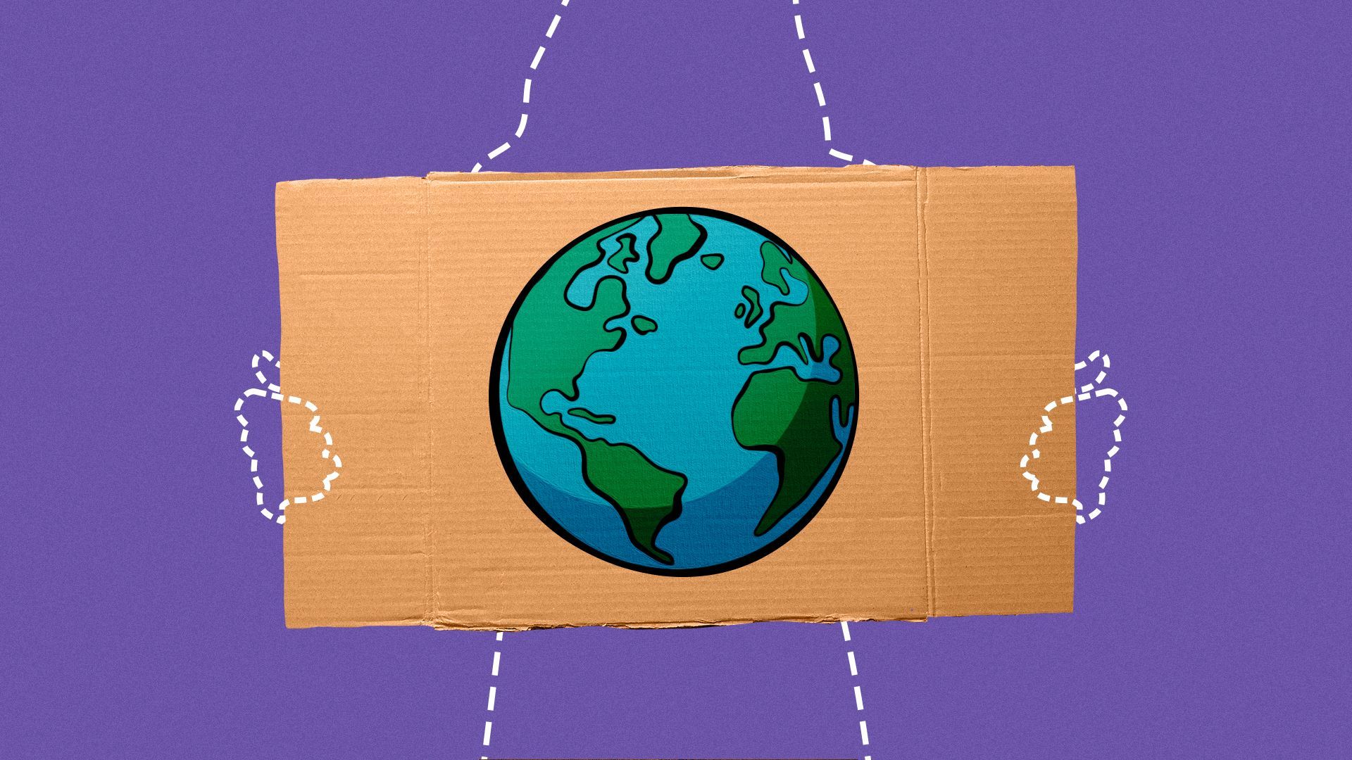 Illustration of the globe on a cardboard sign held by an invisible person with a dashed outline.