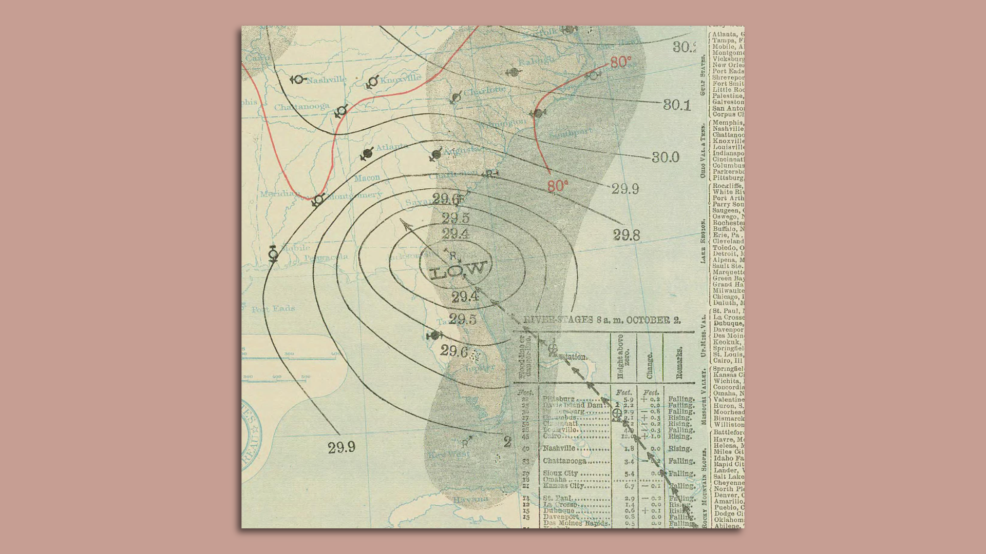 An old map showing the extent of the 1898 hurricane that hit the Georgia coast