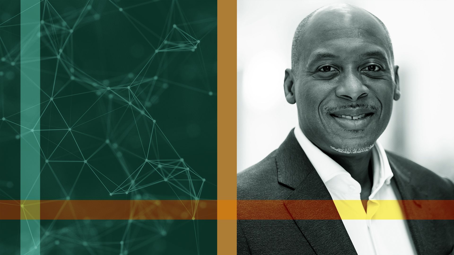 Photo illustration of Reggie Townsend with abstract tech shapes in the background.