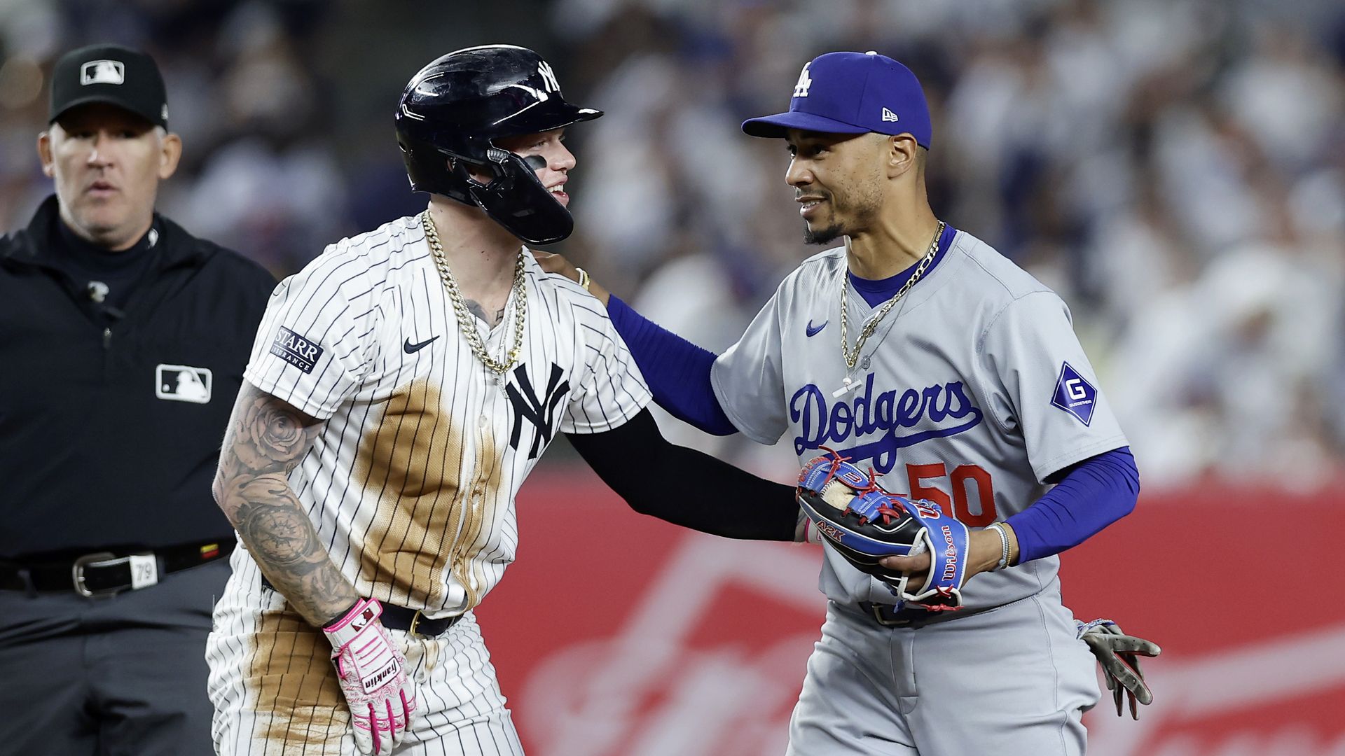 Mookie Betts #50 of the Los Angeles Dodgers in action against Alex Verdugo #24 of the New York Yankees at Yankee Stadium on June 08, 2024 in New York City. 