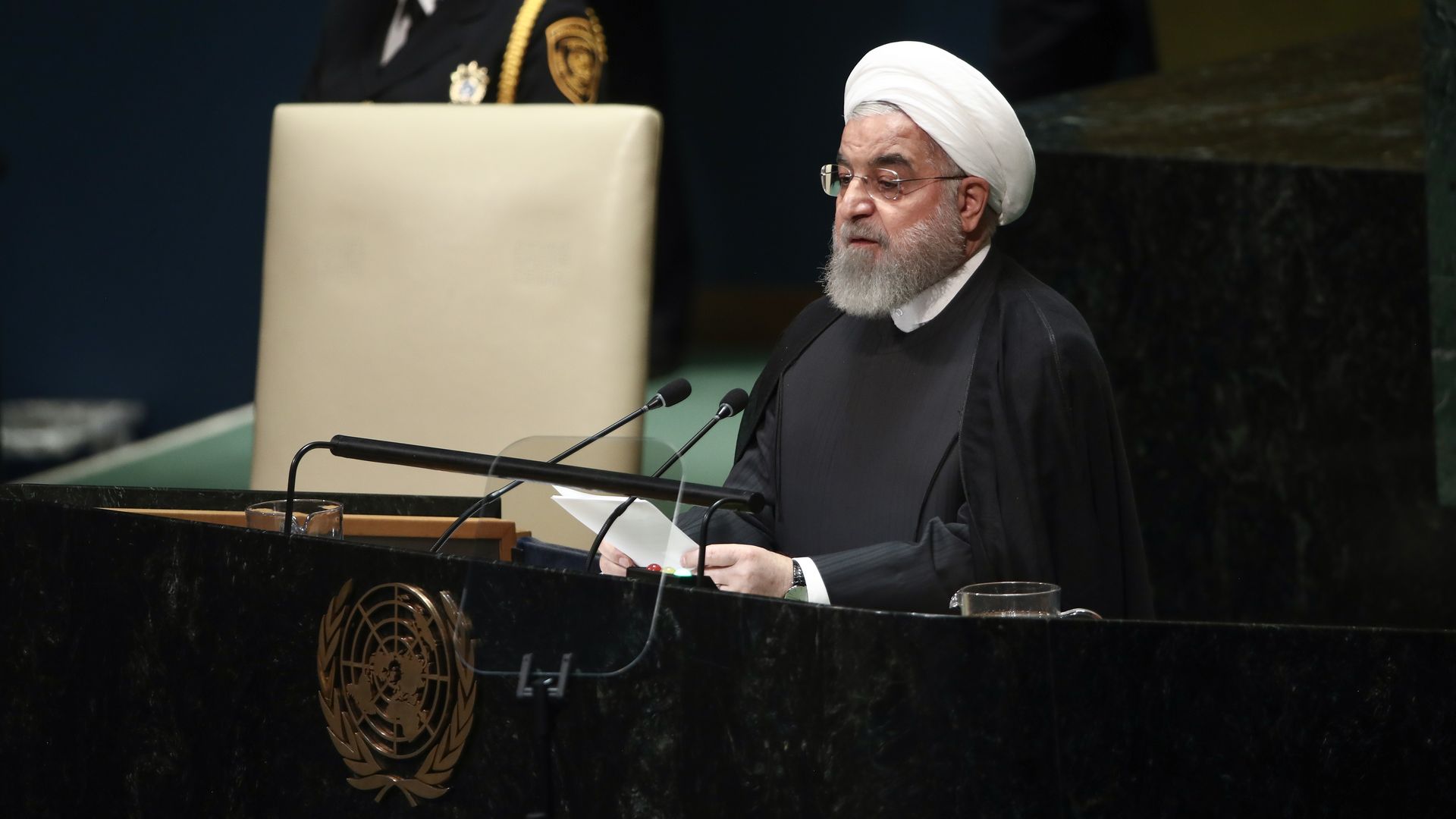 Hassan Rouhani speaking to the United Nations General Assembly from a lectern