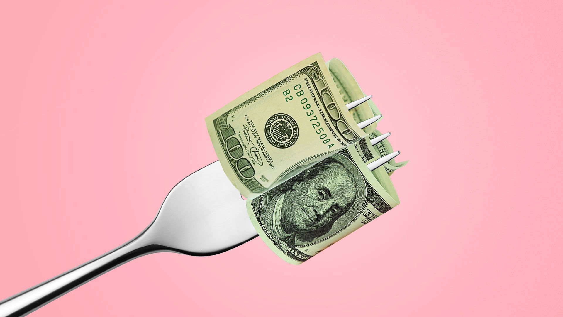 Illustration of $100 bills being twirled on a fork.