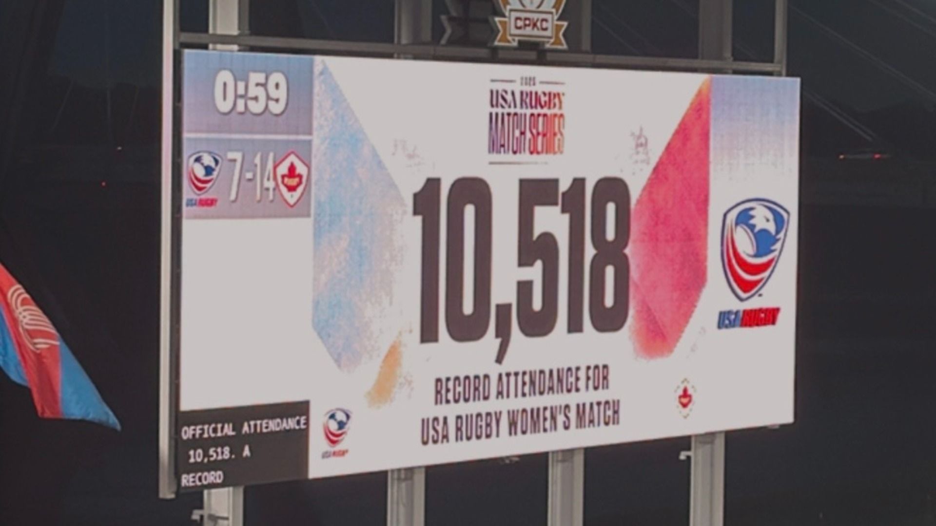 Scoreboard at a rugby stadium shows 10,518 attendance for the USA Rugby Women's Match; timer 0:59 on the left, with team logos and a crest on the right, framed by colorful panels.