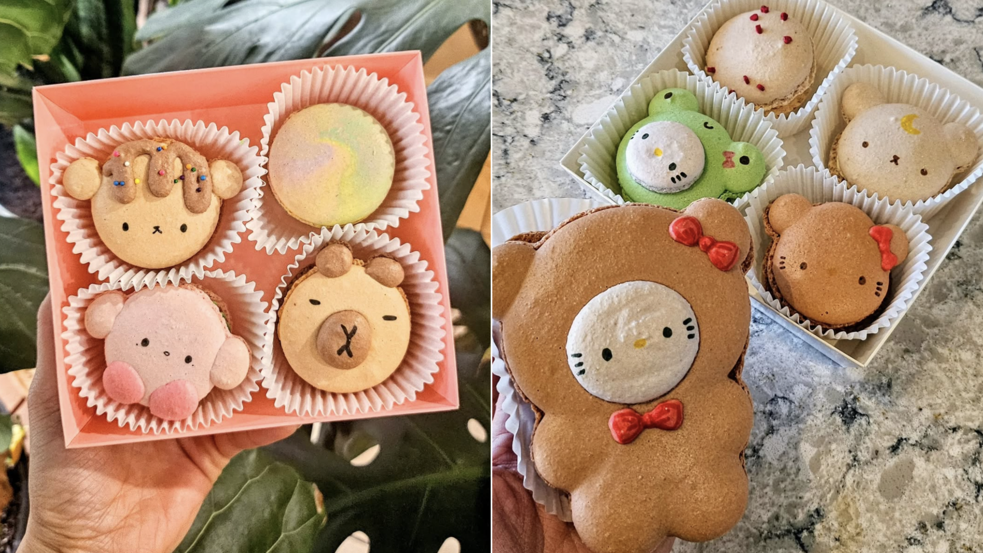 adorable macarons that look like bears, hello kitty and capybaras