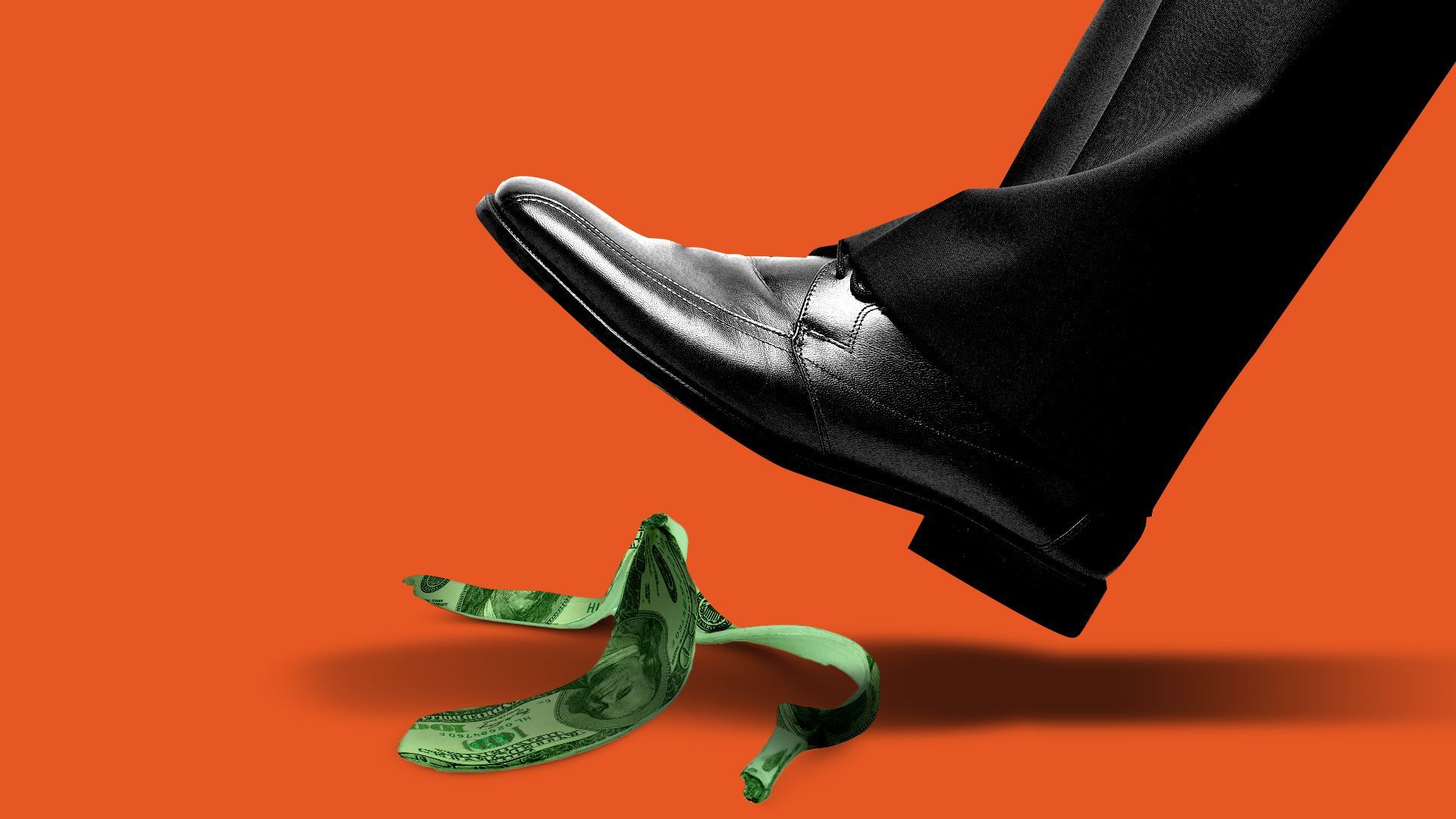 Illustration of a foot about to step on a banana peel made of money.   