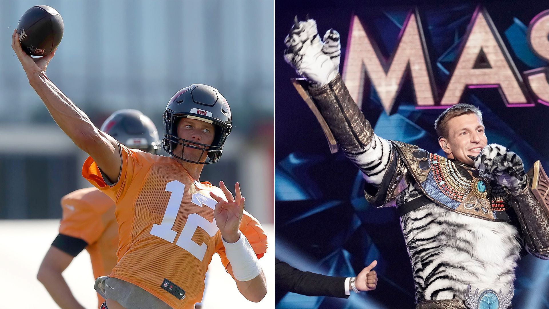 tom brady throwing a football side by side with gronk on masked singer