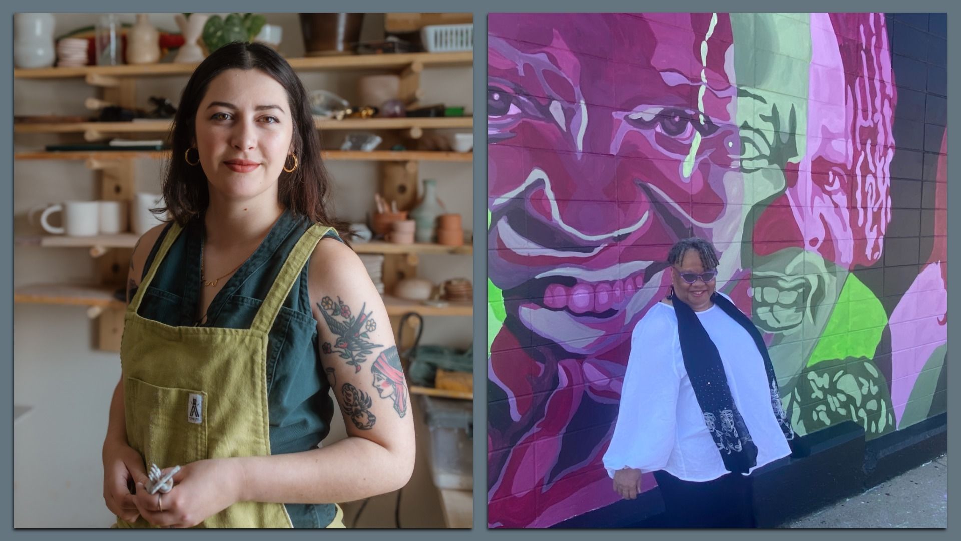 Two-panel image: left—a woman with a floral tattoo in a green apron in a pottery studio; right—a person in white and sunglasses in front of a vivid pink mural.