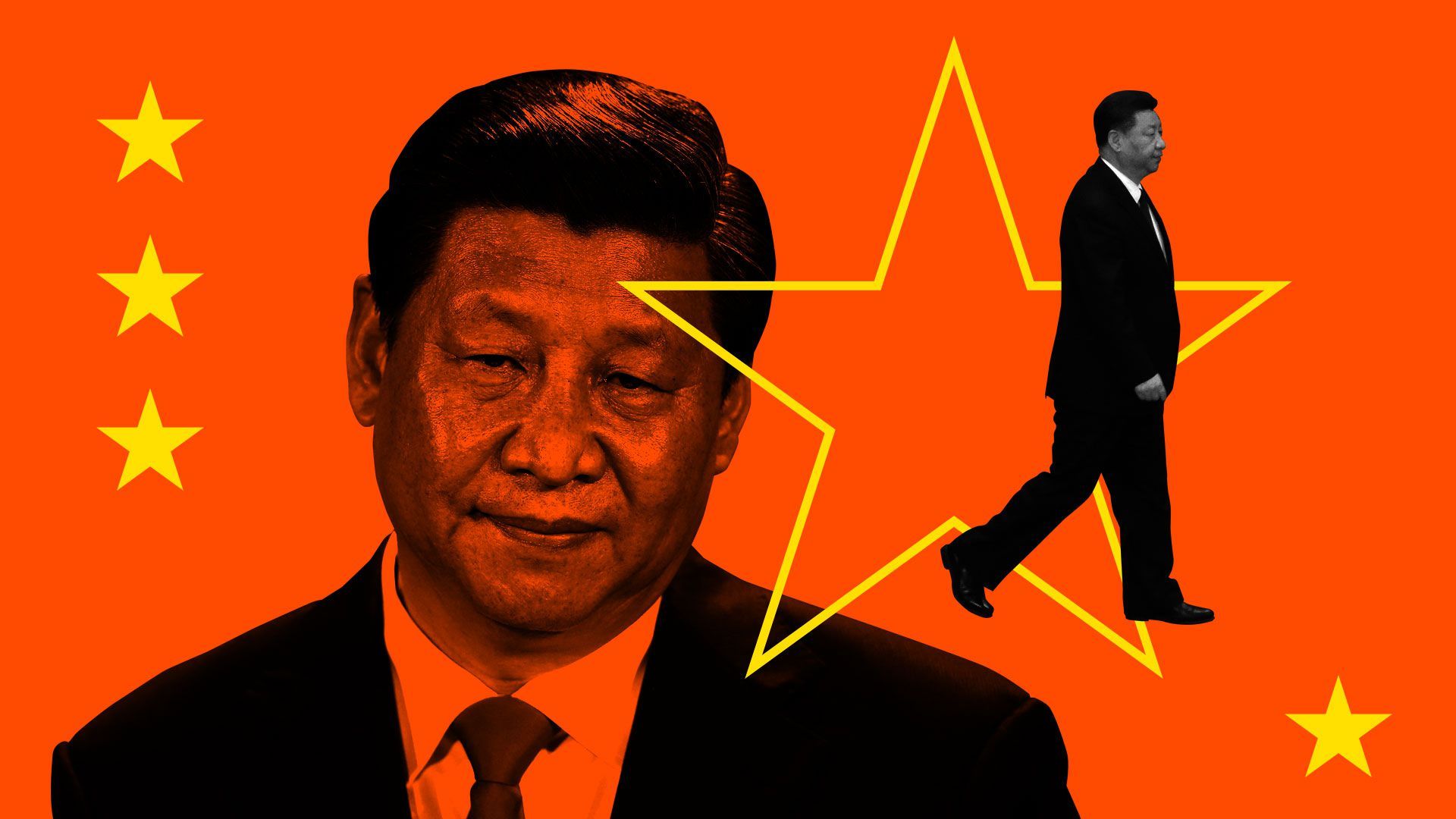 Illustration of Chinese President Xi Jinping with a close headshot and also a photo of him walking away superimposed on China flag