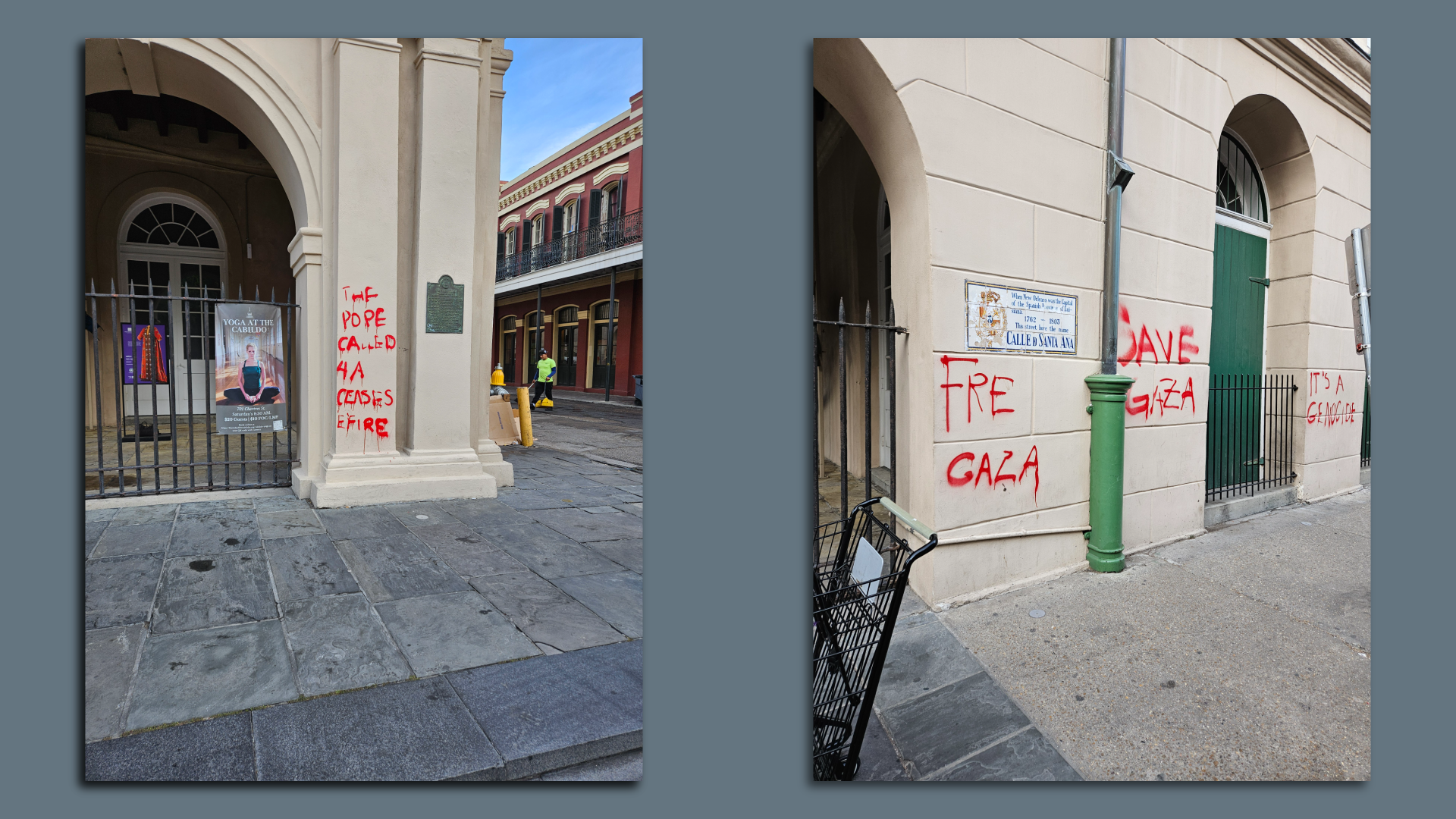 In two side-by-side photos, red spray paint is seen on the Presbytere building. It says "Free Gaza" and "The Pope called a cease-fire."
