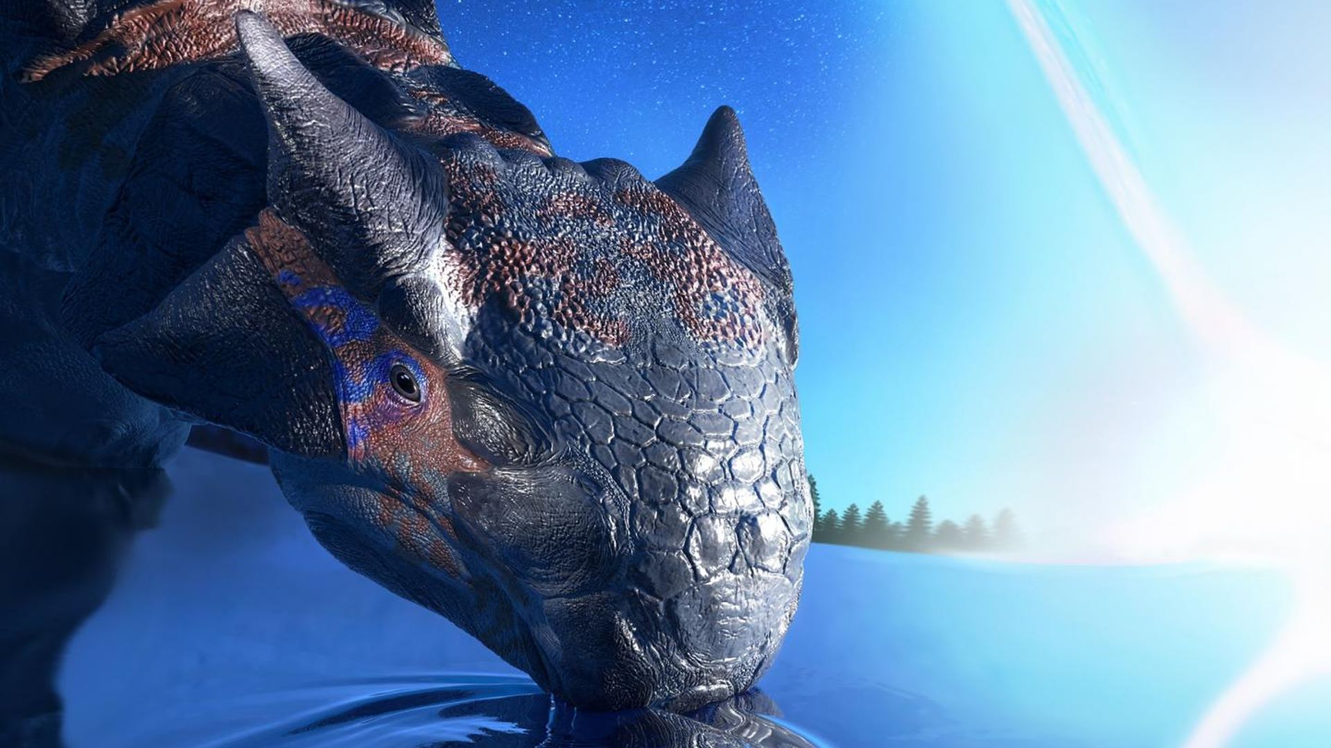 Illustration of a dinosaur before an asteroid hits.