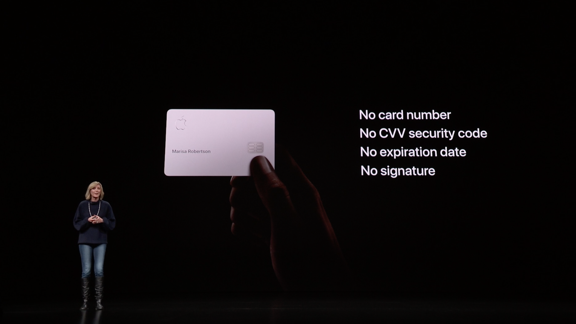 Apple's new credit card on screen at Apple launch event, with Apple VP Jennifer Bailey
