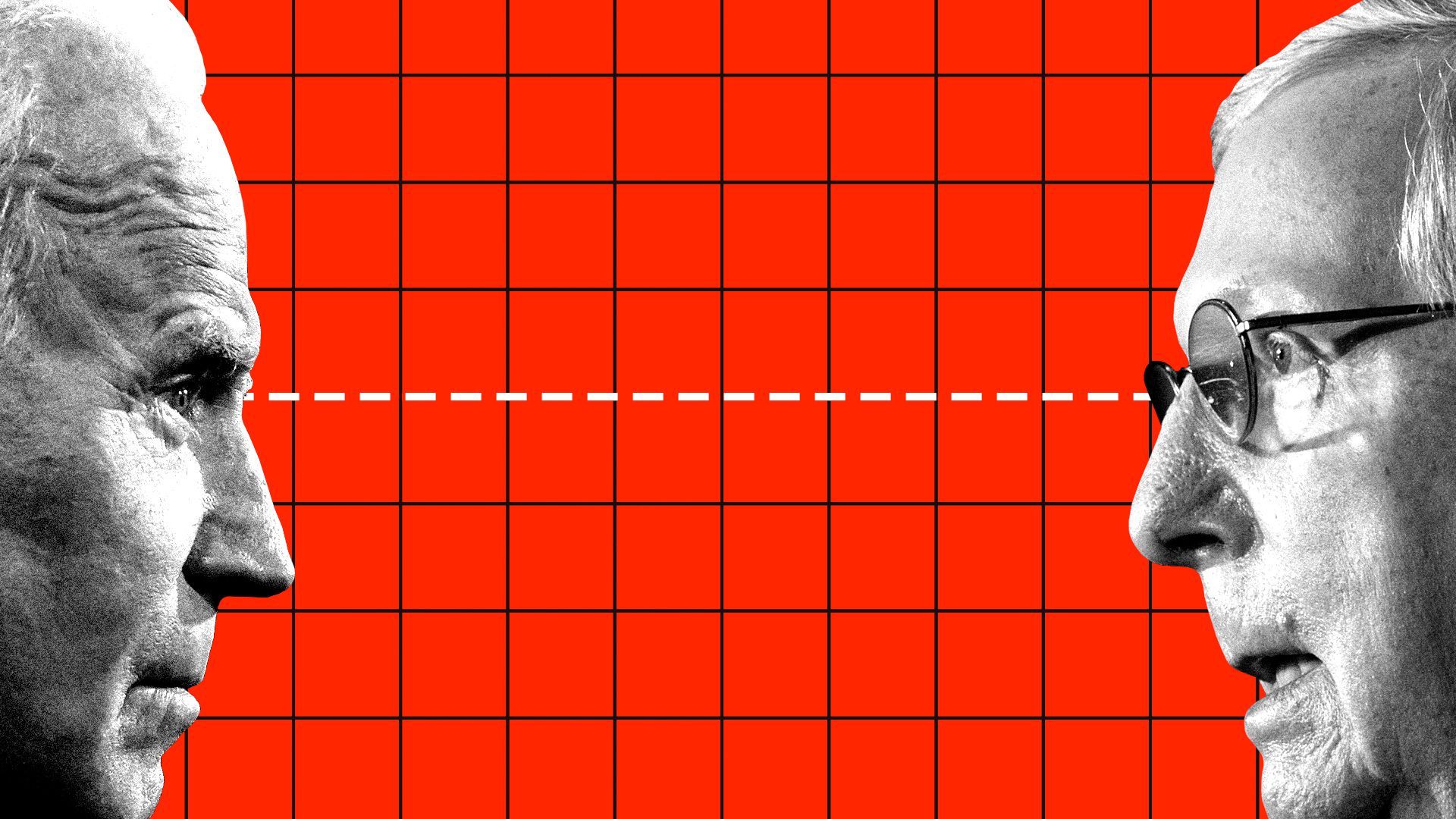 Photo illustration of Joe Biden and Mitch McConnell staring at each other from opposite sides of the image. A dotted line connects their eyes. 