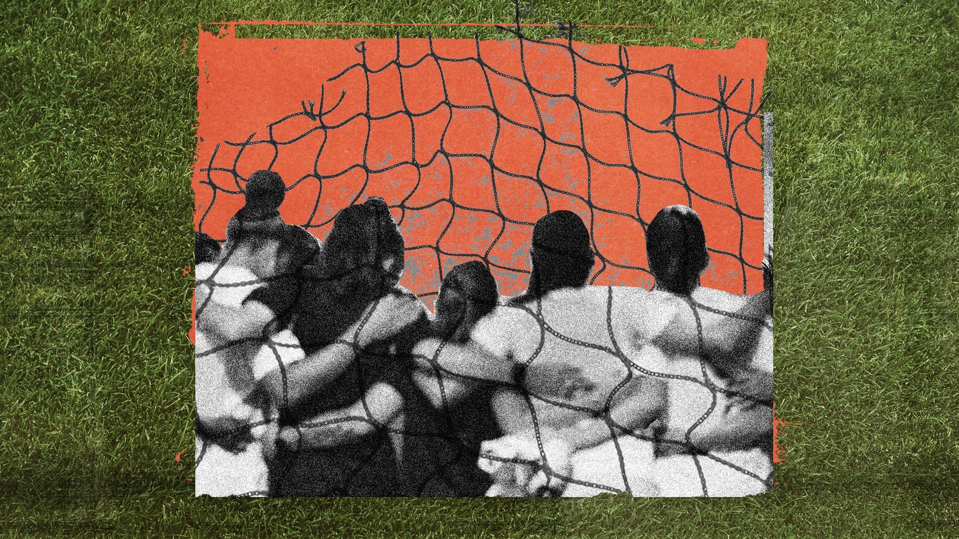 Photo illustration of an abstract collage of turf, a soccer net and a team of female athletes with arms around one another
