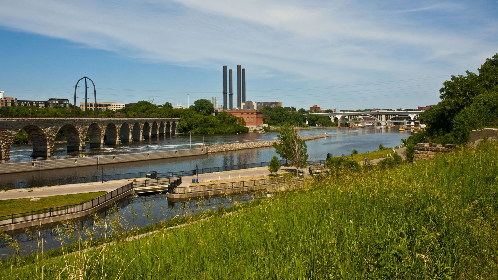 The Mississippi River with the Stone Arch Bridge in the foreground.