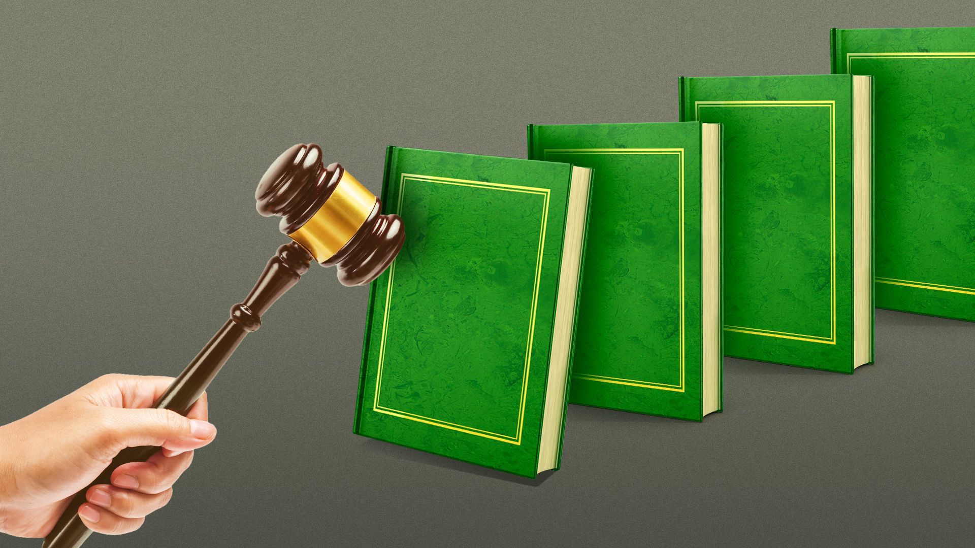 A gavel knocking over books in a domino effect