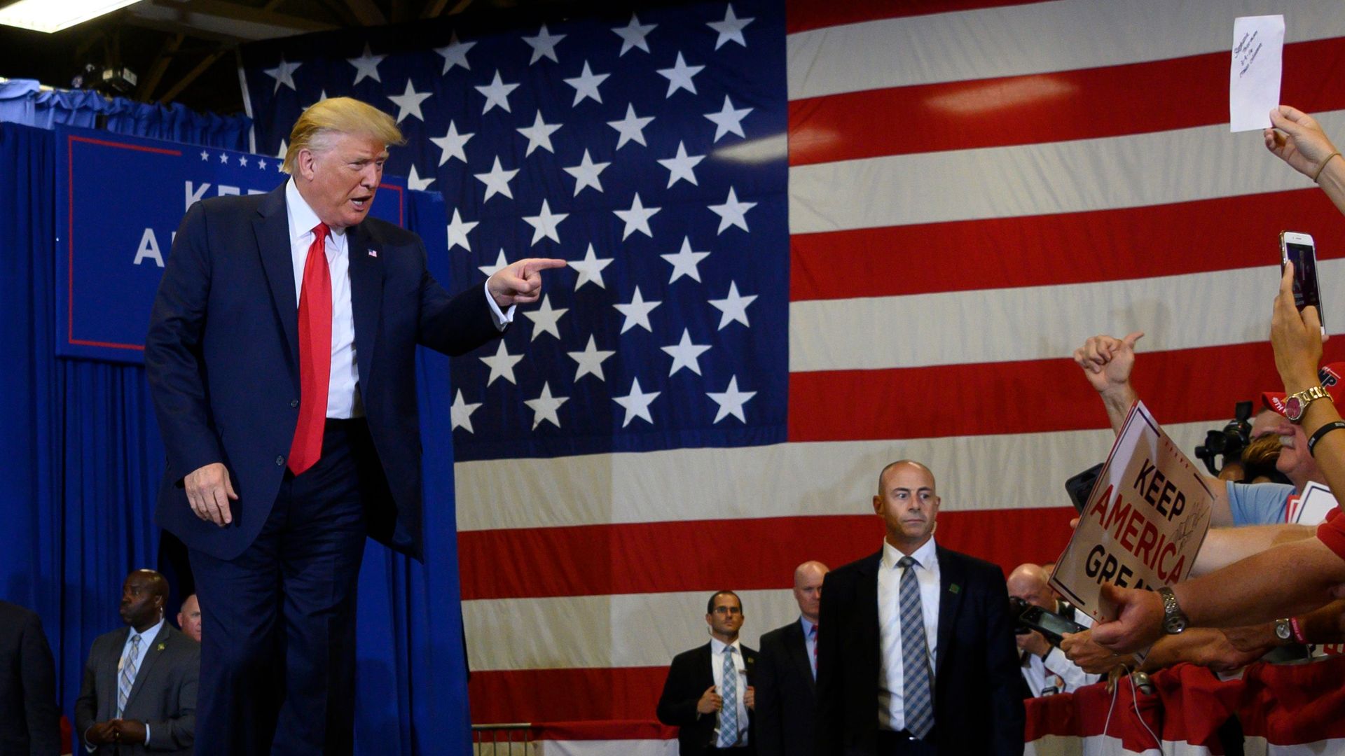 President Donald Trump arrives for a "Keep America Great" campaign rally at The Crown Arena in Fayetteville, North Carolina