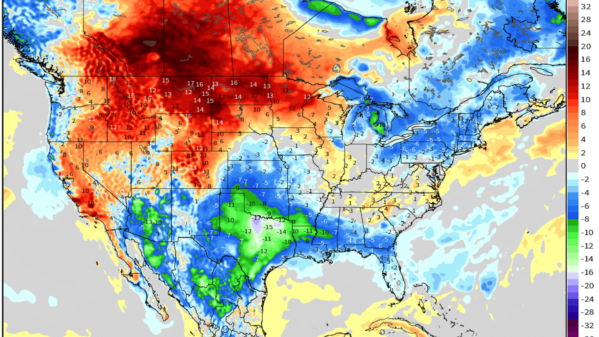 A map showing a heat dome over the rockies and northern plains