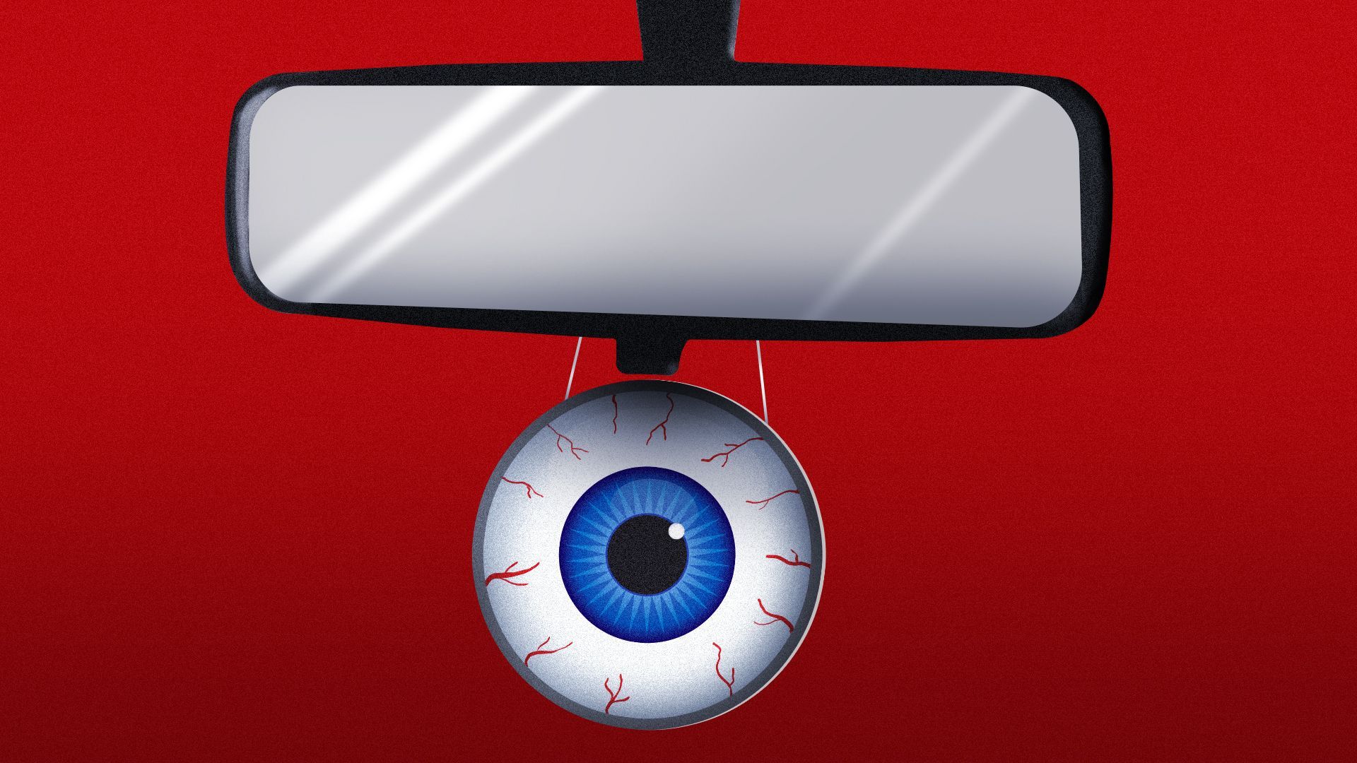 Illustration of an eyeball hanging as an air freshener from a car rearview mirror.